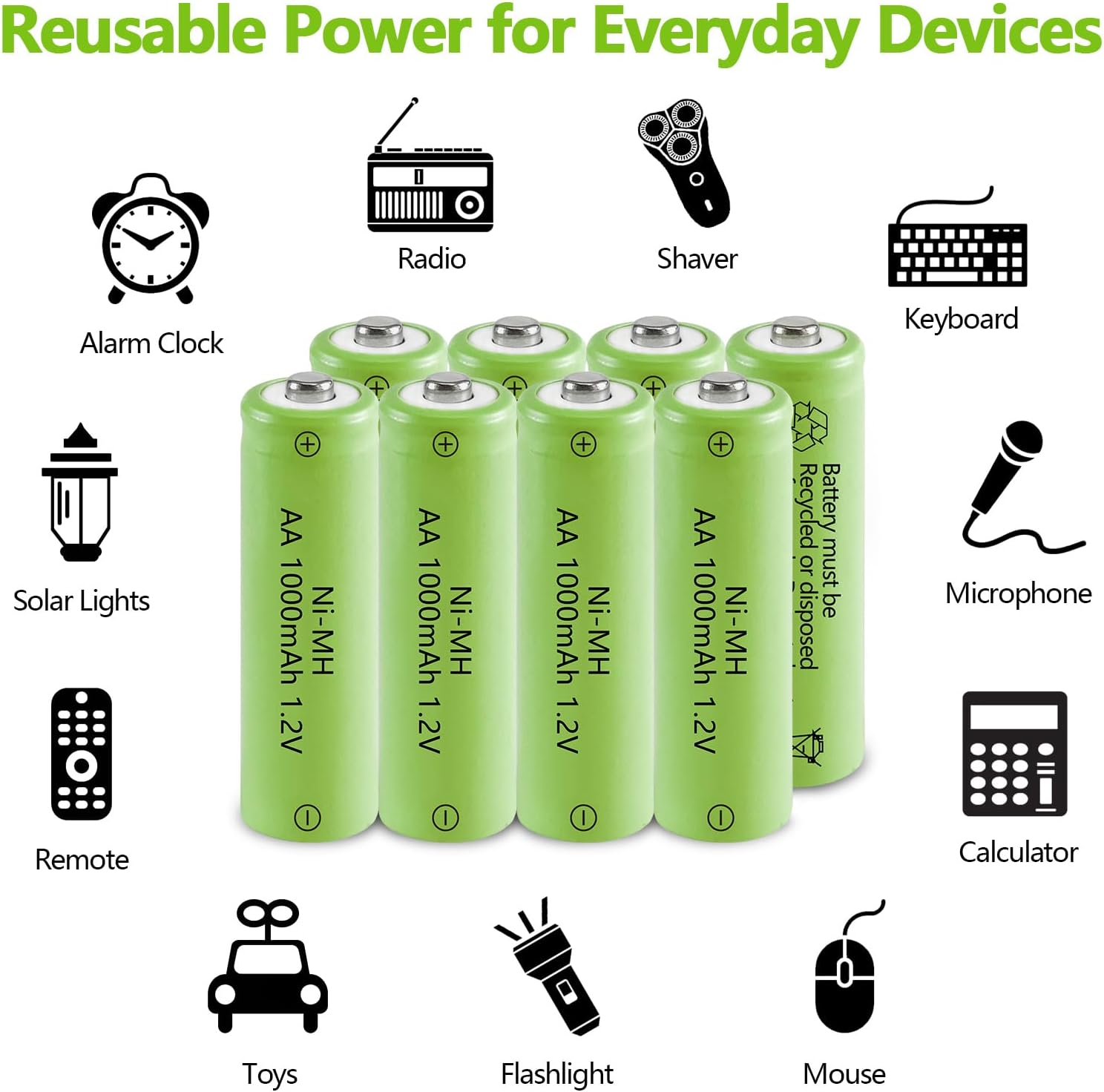 JINTION Rechargeable AA Batteries, Solar 1.2V Ni-Mh 1000Mah Double Battery High Capacity Low Self Discharge for Lights Lanterns Lamps, 8 Pack image number 5