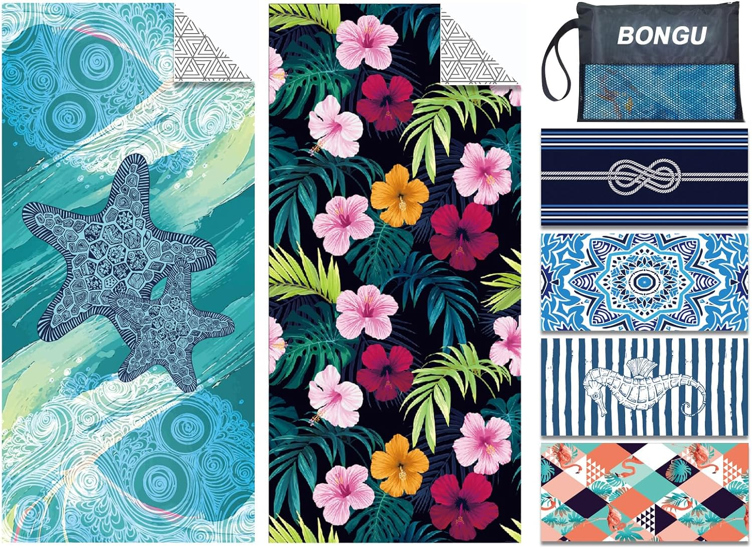 Bongu Beach Towel Sand Free 180X90Cm 2 Pack with Travel Bag, Quick Dry Pool Towels Oversized Travel Towel Lightweight for Beach Party, Pool,Baths Large Towels (Starfish & Flowers)