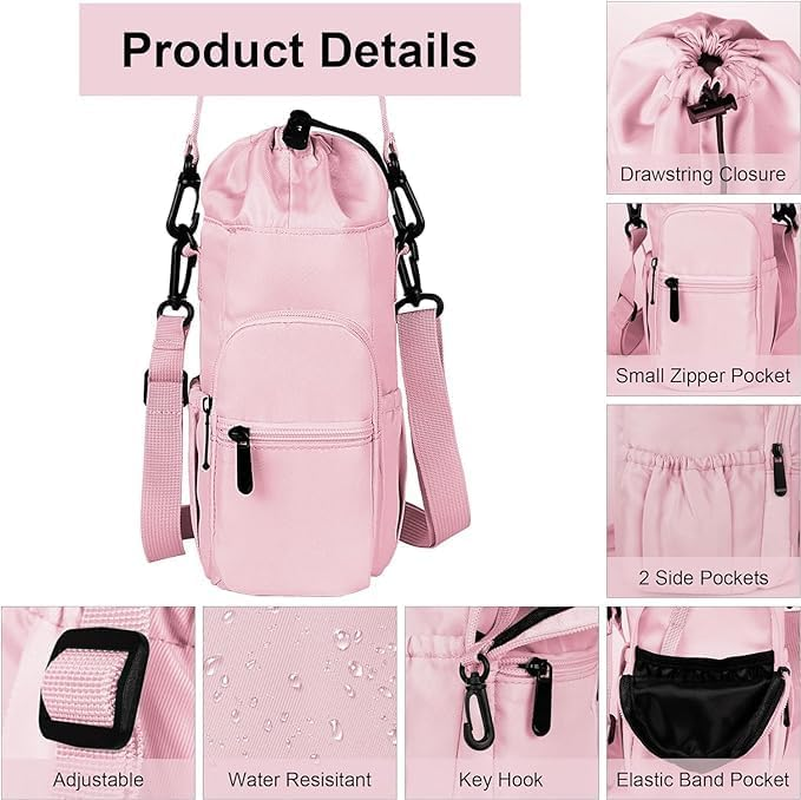 Water Bottle Holder with Strap 32Oz - 40Oz Insulated Water Bottle Carrier Bag Outdoor Sling Bag with Phone Pocket Sports Water Bottle Sleeve for Hiking Travelling Camping - Pink image number 4