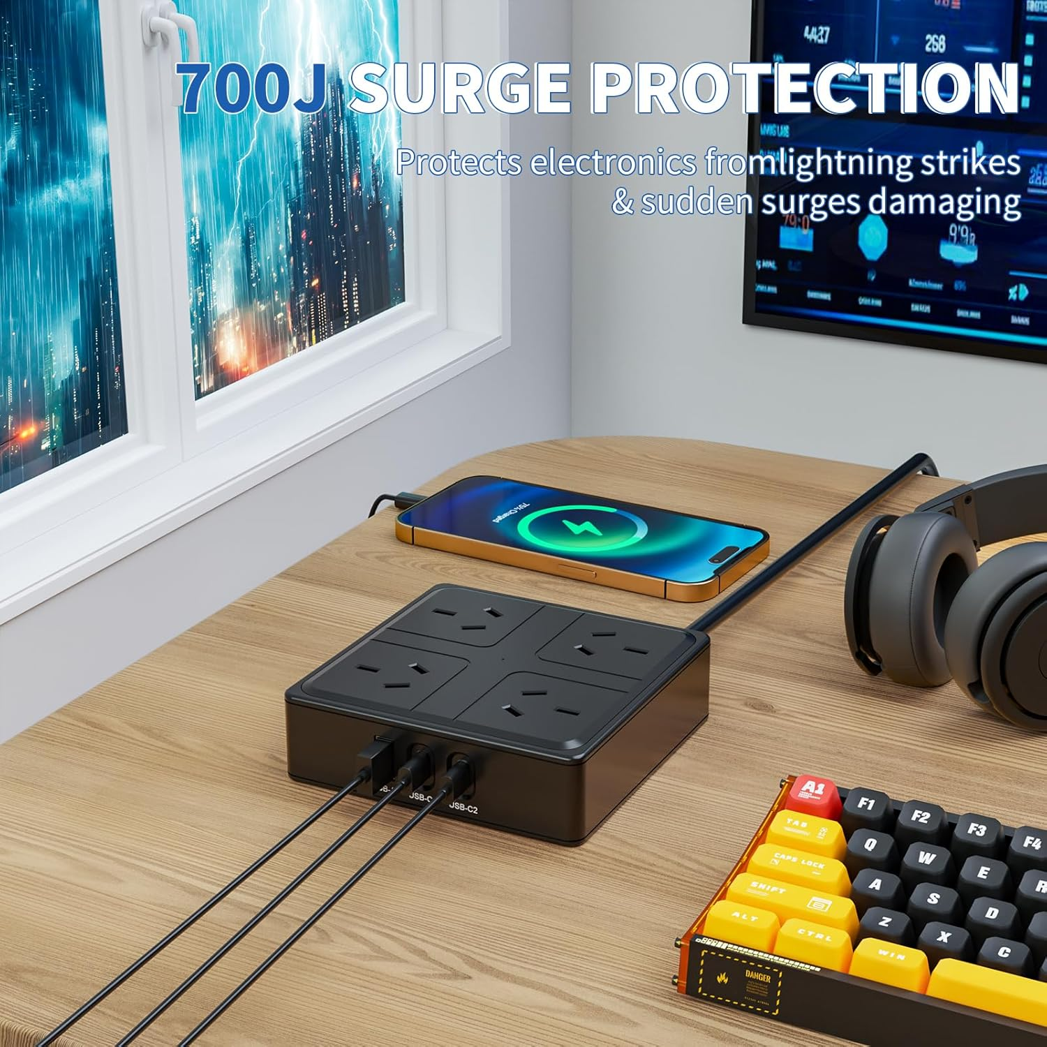 Power Board with USB C, Power Strip with 4 AC Outlets and 3 USB(2 USB C), Surge Protection Power Strip with 1.5M Extension Power Cord for Travel, Office, Dorm Room Essentials (Black) - White image number 5