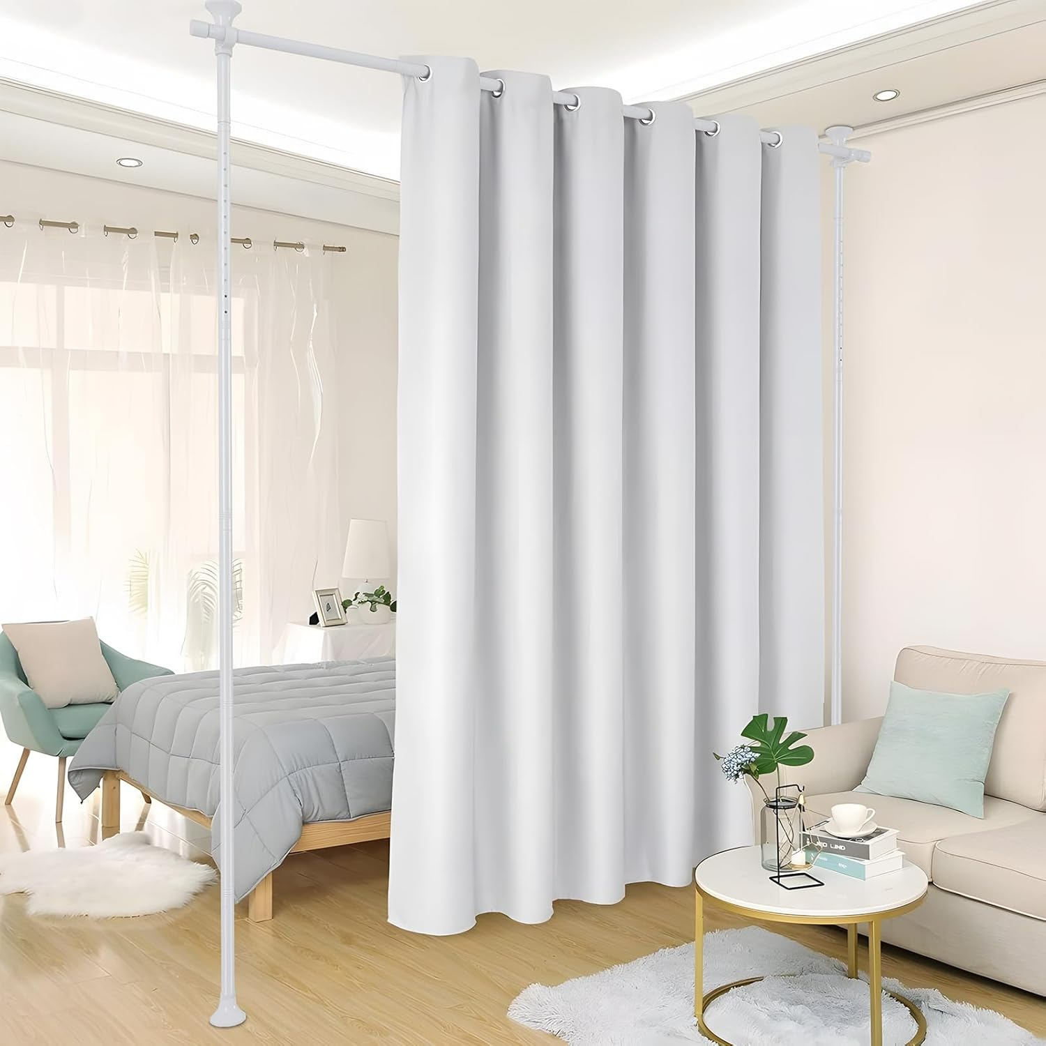 Room Divider, No Drilling Curtain Rods for Room Separation, Adjustable Heavy Duty Floor to Ceiling Hanging Wall Divider Tension Partition Room Separator for Dividing Room, 28-70Inch(W), 4-10Ft (H)