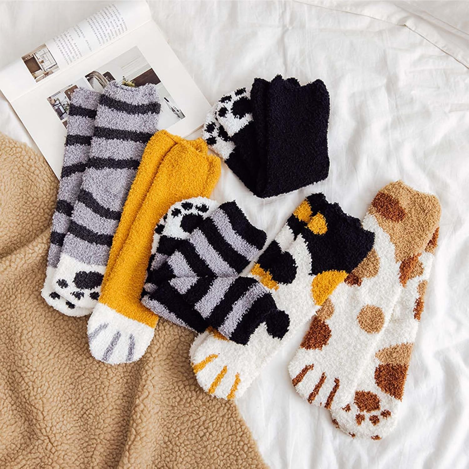 6 Pairs of Cat Socks - Therian, Fluffy, Non-Slip, Warm Bed, House Socks (36-42), Multicoloured, Medium image number 3