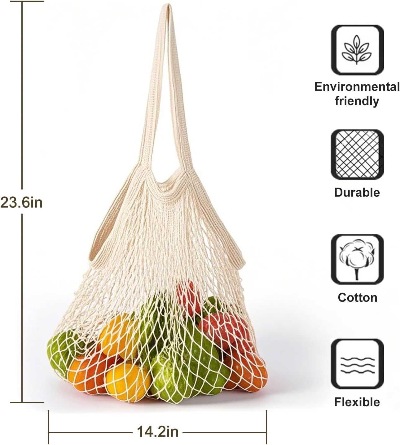 Mesh Grocery Bags 2 Pack Reusable Shopping Bags Extra Large Produce Bags Long Handle Net Tote Bags 100% Cotton String Bags Lightweight Organizer Portable Washable Bags for Fruit Vegetable Storage image number 2