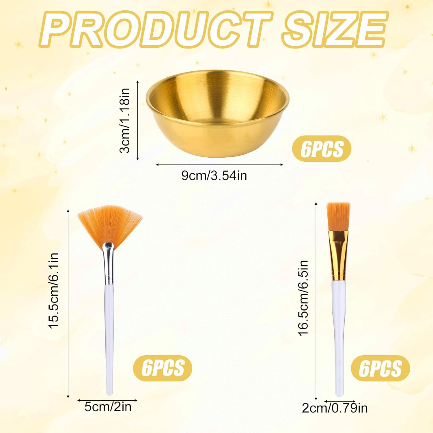18Pcs Esthetician Facial Supplies Set, Including 6 Gold Stainless Steel Bowls, 6 Fan Brushes & 6 Flat Brushes Professional Facial Mask Mixing Bowl Set for Women Beauty Spa Home Use (Gold) image number 1