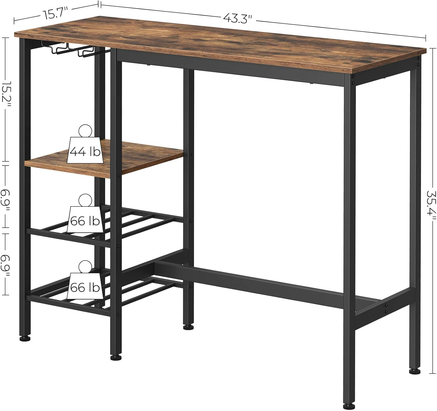 Vasagle Narrow, Sturdy Metal Frame, Easy Assembly, Design Bar Table with Wine Glass Holder and Bottle Rack, for Living Room, Kitchen, Industrial, Rustic Brown image number 3