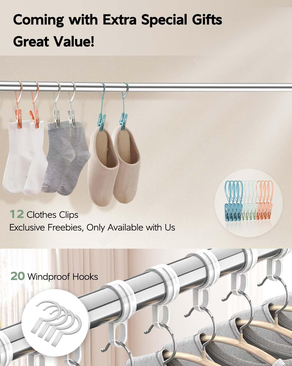 VIKAQI Clothes Drying Rack 95 Inches Folding Outdoor Indoor, Drying Rack Clothing Collapsible, Foldable Laundry Rack, Heavy Duty Stainless Steel Clothesline, 20 Hooks 12 Clips image number 4