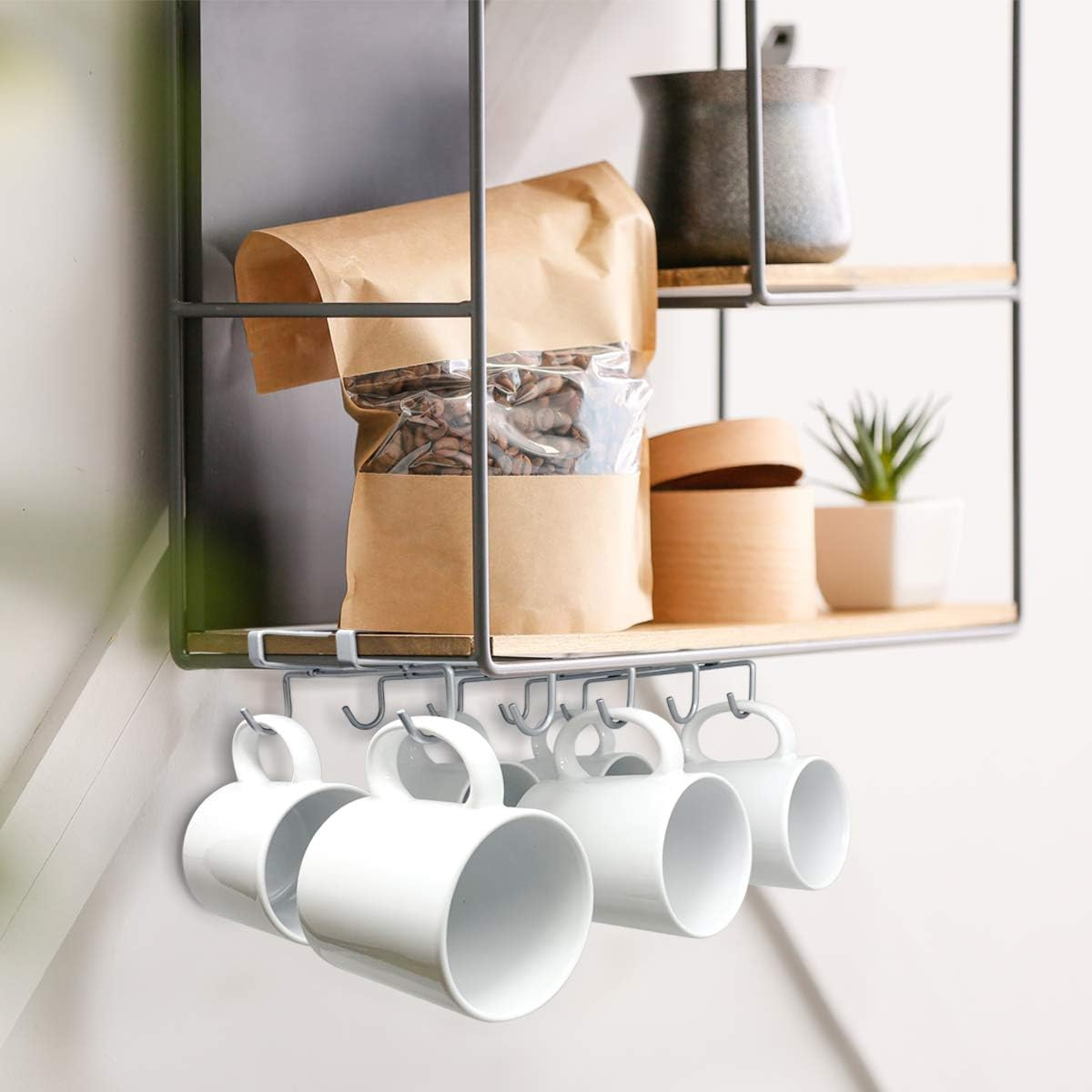Joeji'S Kitchen Mug Holder & Cupboard Organiser | Silver Kitchen Cupboard Storage Organiser Ideal as Cup Holder or Mug Rack | Iron Wire Cupboard Shelf Organiser with Mug Hooks under Shelf image number 1