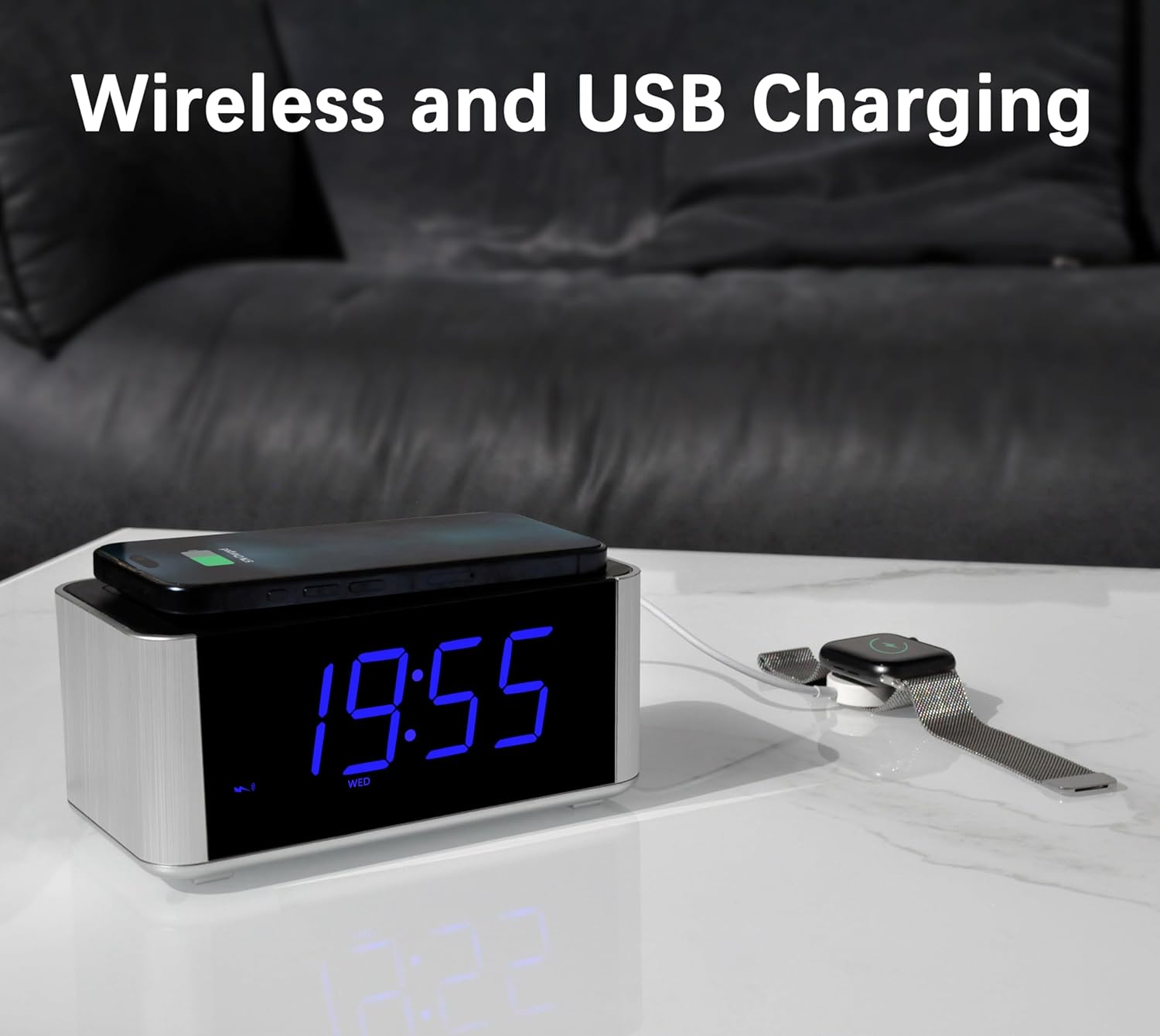 Alarm Clock Radio with 5W Wireless Charging, Snooze,Bluetooth, Dual Alarm, 1.4'' LED Display, Dimmer, USB Charging Clock for Bedside Itoma 206 - Blue Led Display image number 6