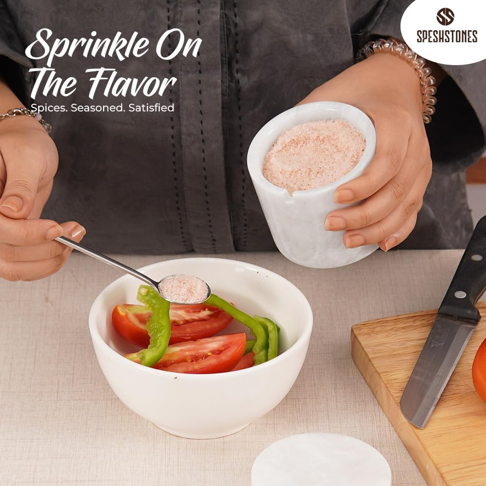 SPESHSTONES Marble Salt Cellar with Lid and Spoon 3'' Inches White Salt Container Handmade Spice Seasoning Containers for Kitchen Storage Accessories - Salt Box & Ideal Sugar Bowl, Flaky Salt Cellar - Oceanic image number 6