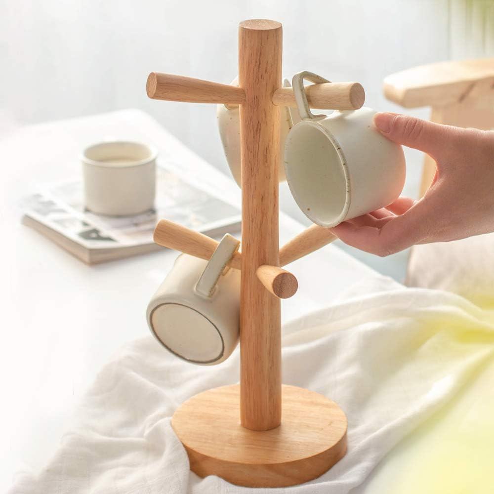 Mug Tree Holder，Mug Rack Tabletop Holder，Cup Holder Storage Organizer，Kitchen Display Stand，Cup Mug Wood Hooks，Accessory Holder image number 4