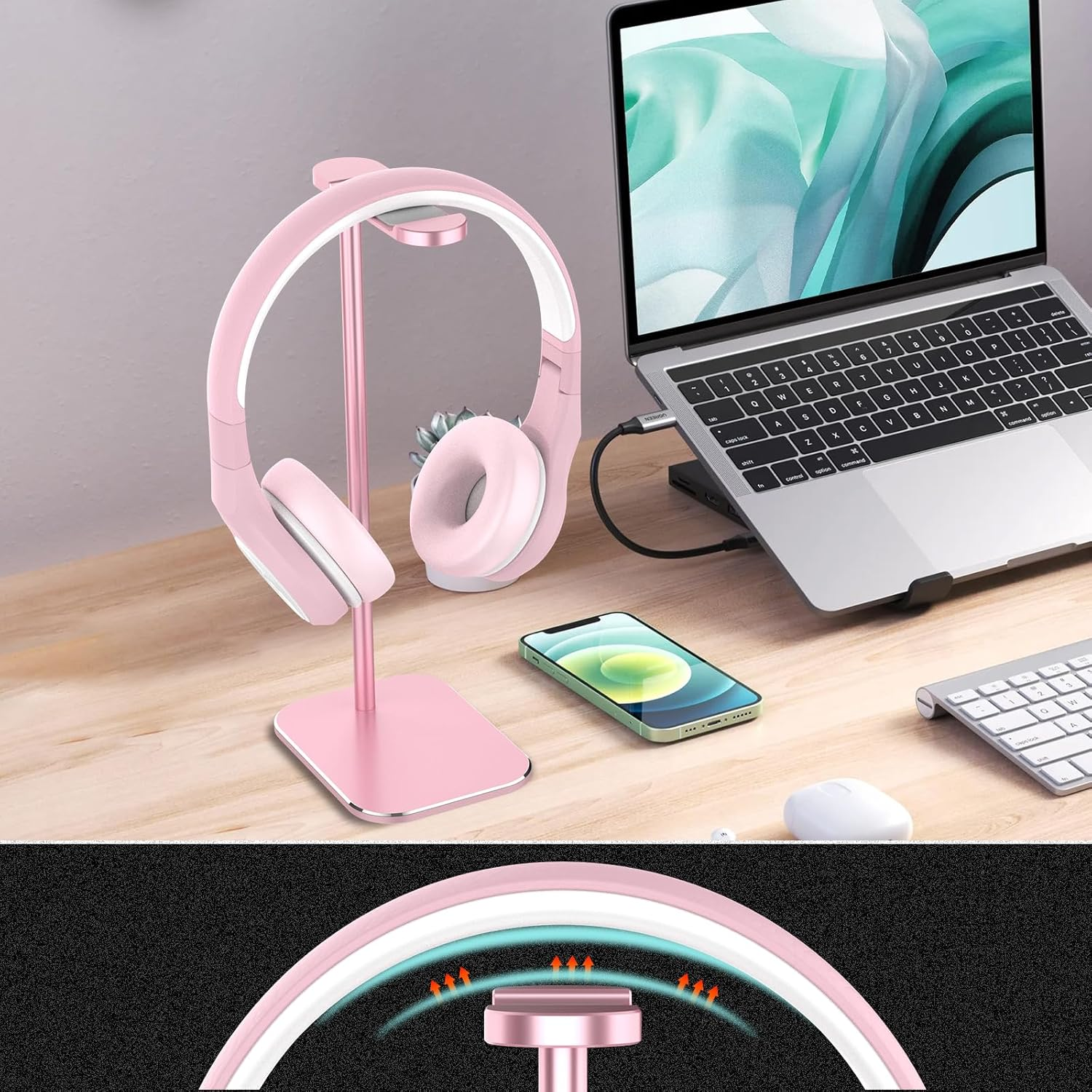 Headphone Stand, Overall Alunminun Headset Stand, Heavy-Duty Solid Base Universal Fit for Gaming Headsets, Wireless Headphones Rose Gold image number 2
