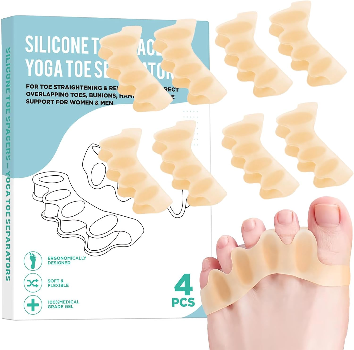 8 Pcs Silicone Toe Spacers &ndash; Yoga Toe Separators for Toe Straightening & Relaxation | Correct Overlapping Toes, Bunions, Hammer Toe | Toe Support Toe Separators for Women & Men (3.98In) TAN image number 3