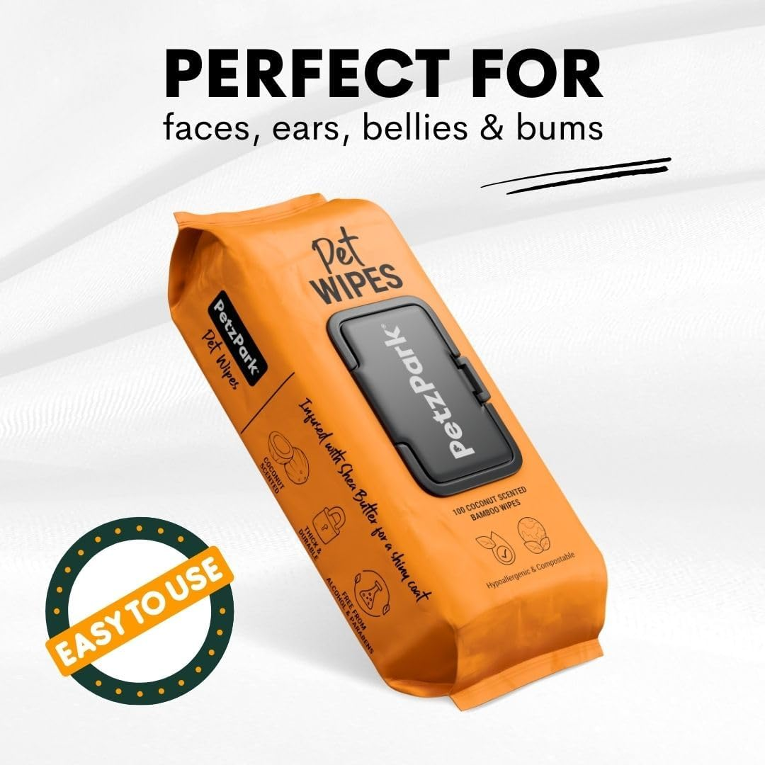 Dog Wipes Petz Park - Hypoallergenic, Cleaning and Hydrating, for Grooming Paws, Body and Butt - Coconut Scented, Made from 100% Compostable Bamboo - 100 Wipes image number 6
