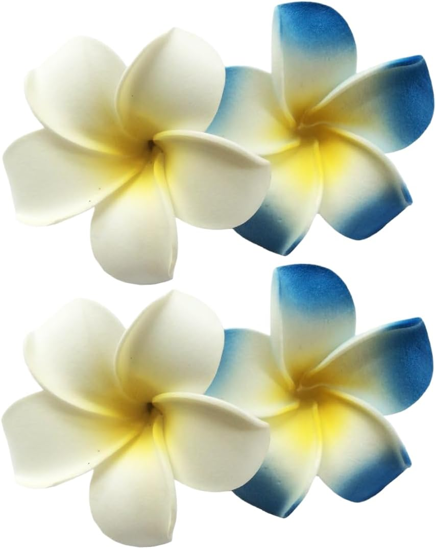 4Pcs Hawaiian Flower Hair Clips, White and Blue, 7Cm, Foam Head Flower Party Beach Hair Clip Hair Accessories