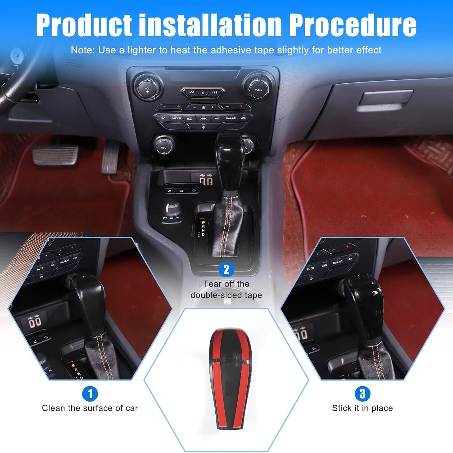 Gear Shift Knob Cover Trim Compatible with Ford Ranger/T6/T7 2015-2018 Accessories | ABS Shifter Head anti Scratch Protector | 1PC Set (Glossy Black) - Glossy Black image number 2