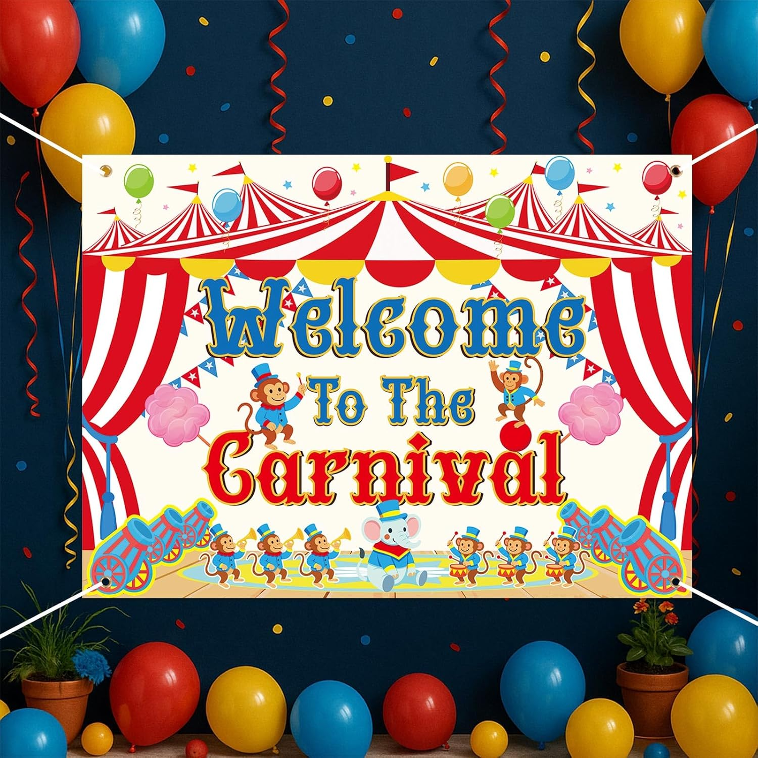 5.91X3.61 Ft Welcome to the Carnival Backdrop, Colorful Polyester Carnival Banner Washable and Reusable Party Decorations Supplies for Circus Theme Party Photo Props