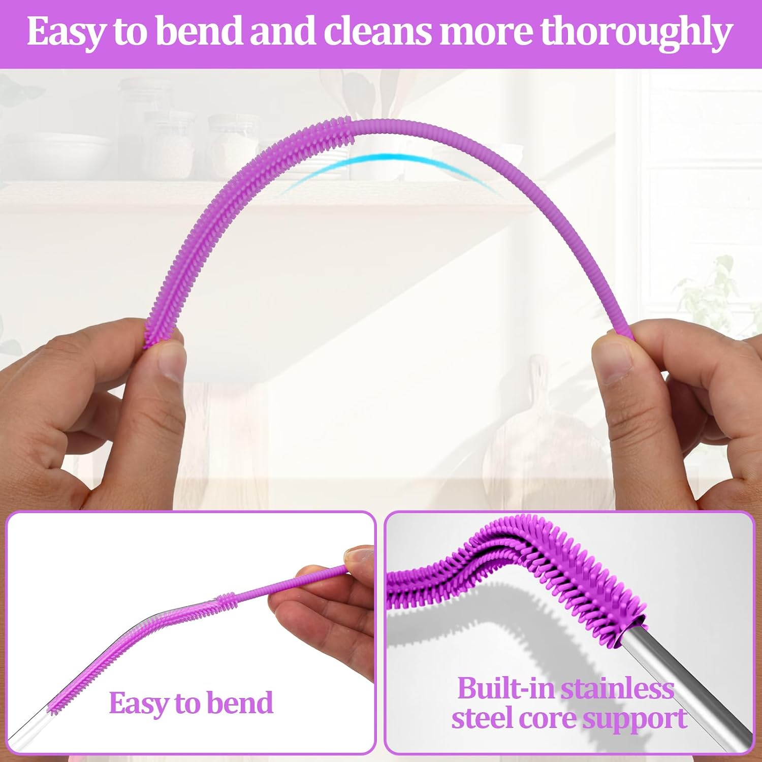Silicone Straw Cleaner Brush, 2Pcs Straw Cleaner Brush Extra Long, Straw Brush Bristles Cleaner Brush for Cleaning Stanley, Metal Glass Straws, Drink Lid (Purple) - Black image number 4