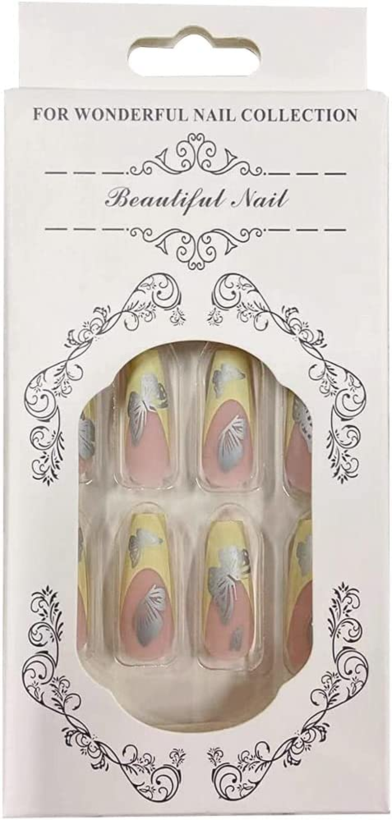 Yellow Ballerina Nails 24Pcs Matte False Nails Extra Long Press for French with Exquisite Butterfly Design Full Cover Fake Nails for Women and Girls