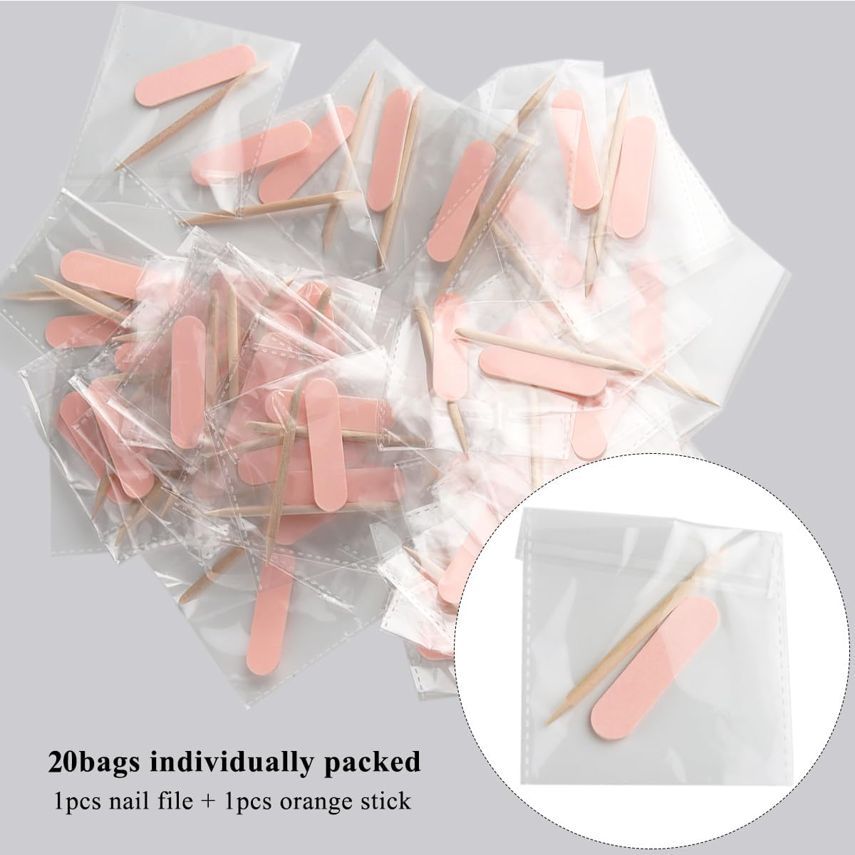 Fcozpjk Mini Nail File and Orange Sticks Set for Press on Nails, 20PCS Mini Nail File Bulk, Double Sided Disposable Nail Files, Wooden Cuticle Pusher Sticks, Manicure Pedicure Cleaner Tools