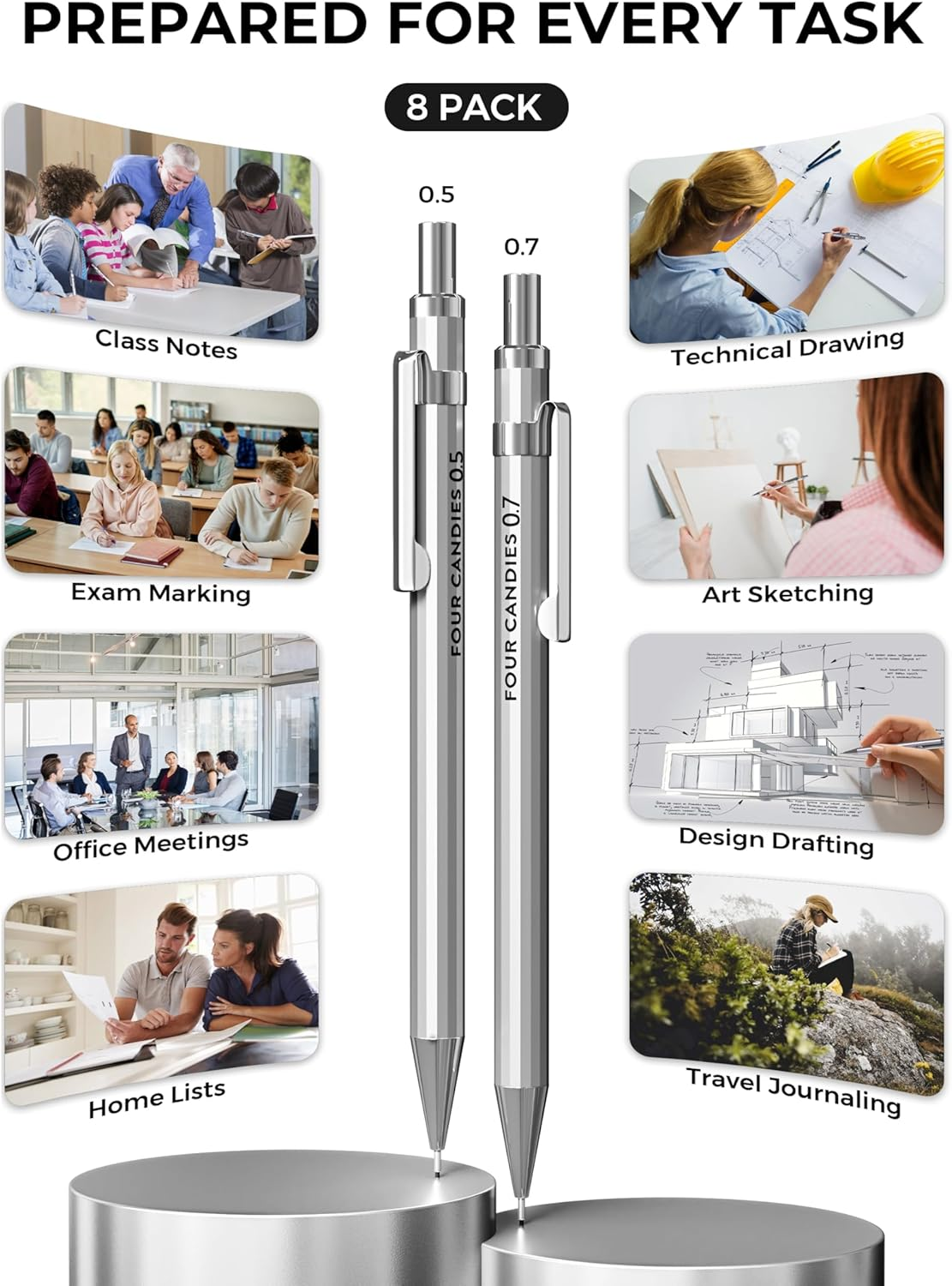 Four Candies 8PCS Metal Mechanical Pencils - 0.5 & 0.7Mm with 8 Tubes HB #2 Lead Refills, Eraser Set and Eraser Refills, 20-Count Pack with Case, Lead Pencils Mechanical for Writing, Drawing, Drafting image number 2