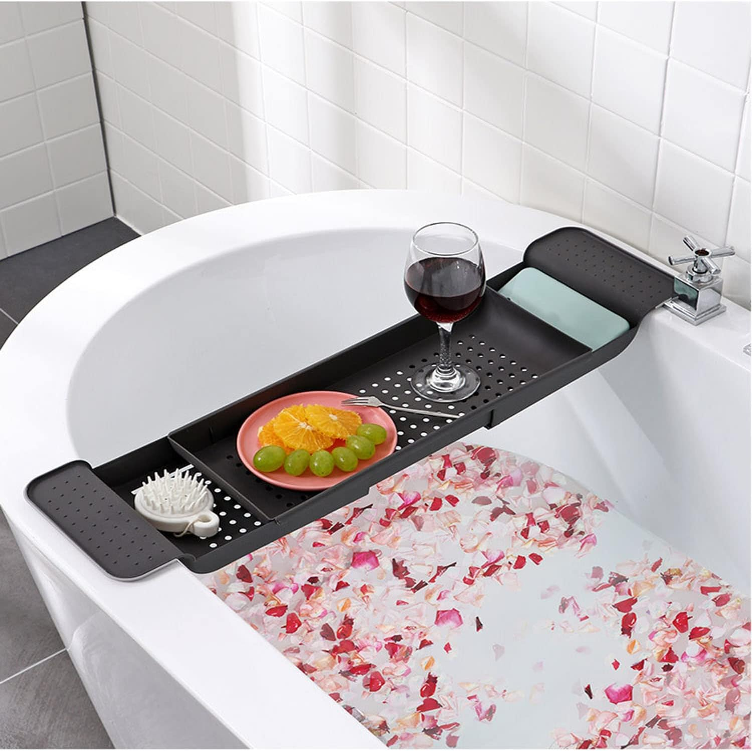 Bathtub Caddy Tray, Expandable Bath Shelf, Adjustable Plastic Bathtub Caddy, Bathroom Tray, Bathtub Accessories & Bathroom Gadgets for Candle Towel, Book, Wine, Phone, Shower image number 3