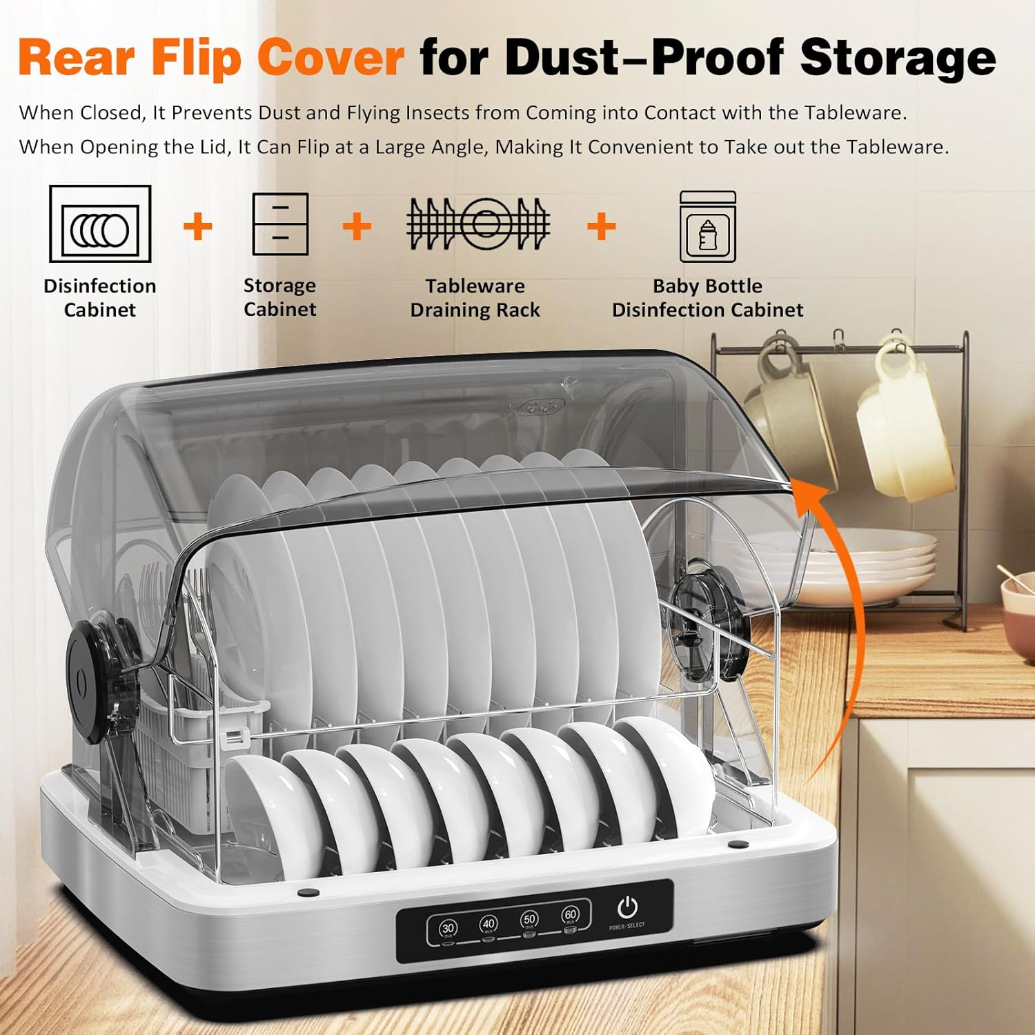 Advwin Steriliser Cabinet 32L with Hot Air Drying, 260W Dish Sterilizer Machine with Timer, Touch Control Countertop Disinfection Cabinet for Kitchen, Stainless Steel Dryer with Water Tray