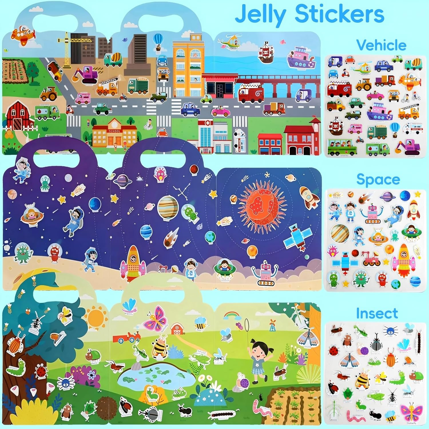 6 Sets Reusable Sticker Books for Toddlers, Includi 6 Themed Space, Animal, Ocean World, Vehicle, Insect, Dinosaur, Jelly Sticker Books for Toddlers 3-5 Years, Toddler Travel Toys image number 1