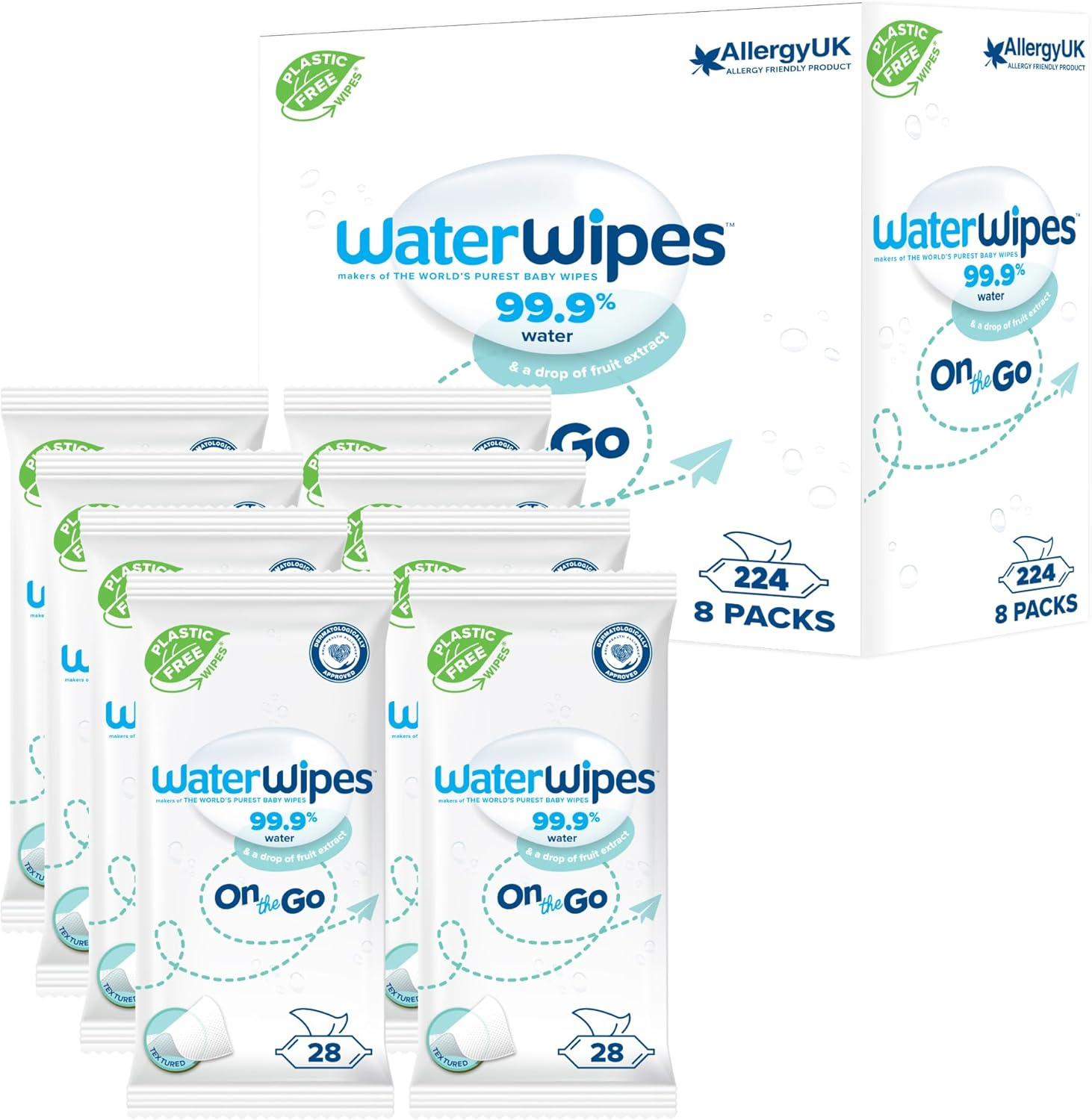 Waterwipes on the Go 8X28Pk Multipack, Ideal for Travel, Designed for Face & Body, 99% Water-Based Wet Wipes image number 4