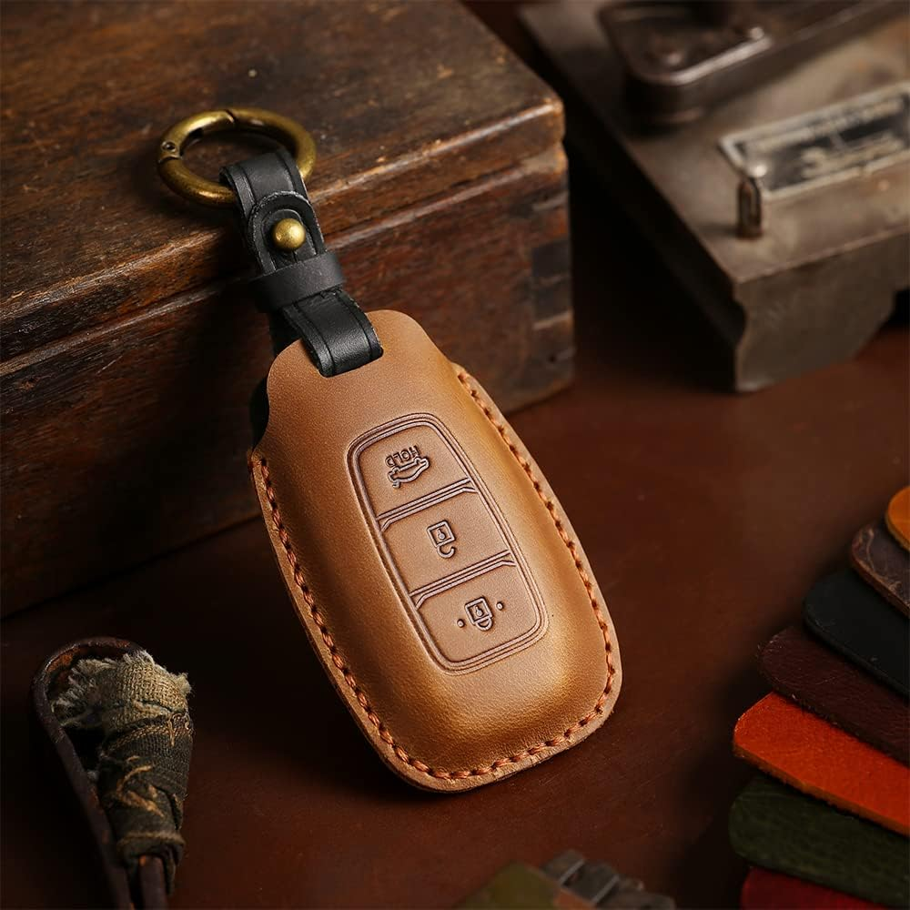 Ontto Leather Car Key Case Fit for Hyundai Palisade Accent Santa Fe Veloster Kona Electric Nexo Elantra GT I30 Key Fob Cover Keyring Remote Key Holder Keychain Key Protective Accessories Brown - Blue image number 7