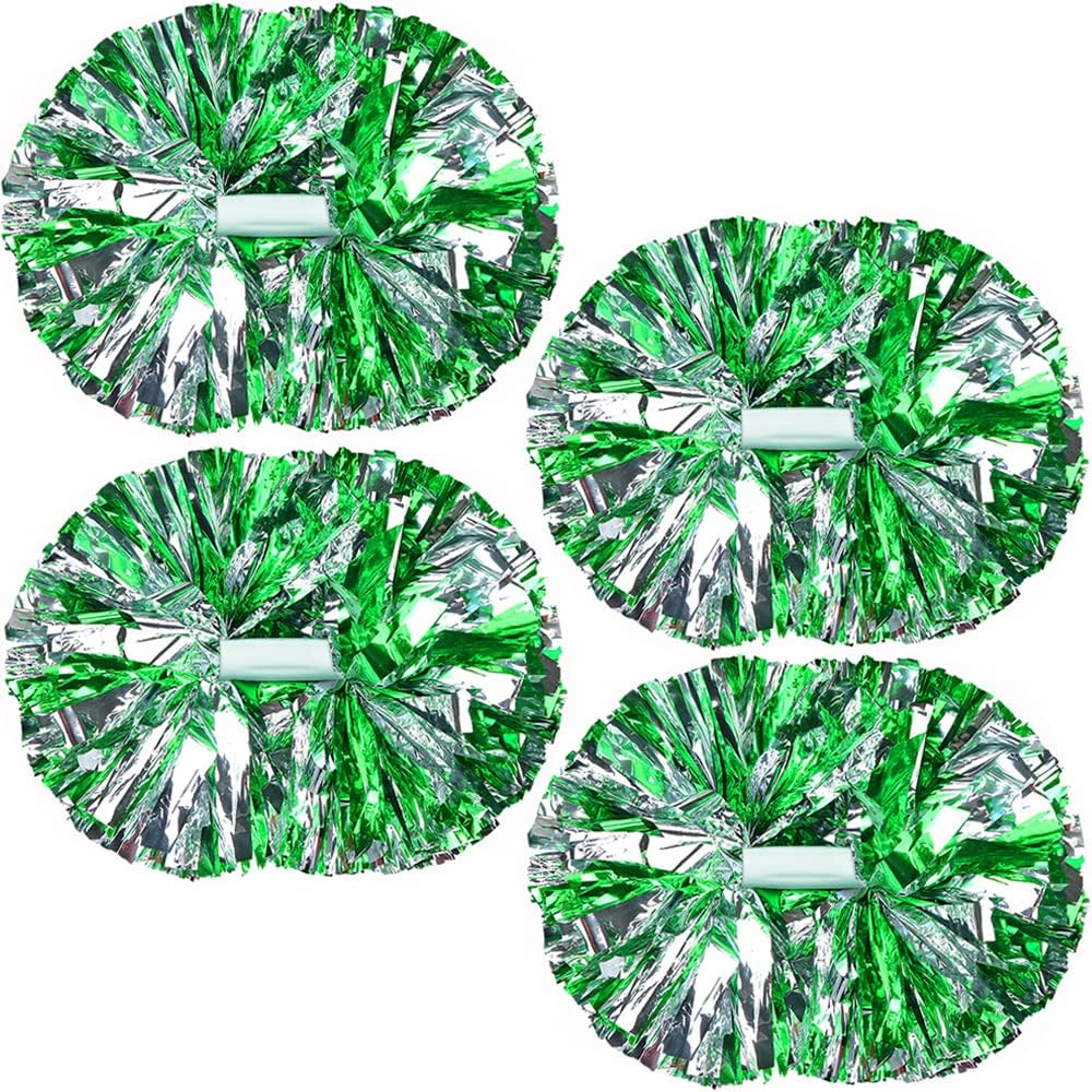 4 Pack Cheerleading Pom Poms,Metallic Cheer Pom Poms with Training Baton Handle for Team Sport Spirit Squad Bulk Cheerleaders(Green and Silver) image number 1