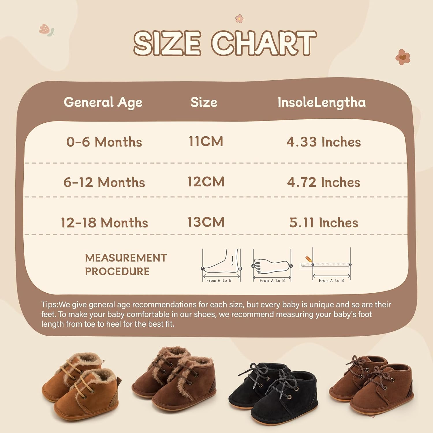 CENCIRILY Baby Boys Girls Warm Boots Infant Anti-Slip Rubber Sole Lace-Up Fleece Ankle Booties Newborn First Walking Shoes image number 4