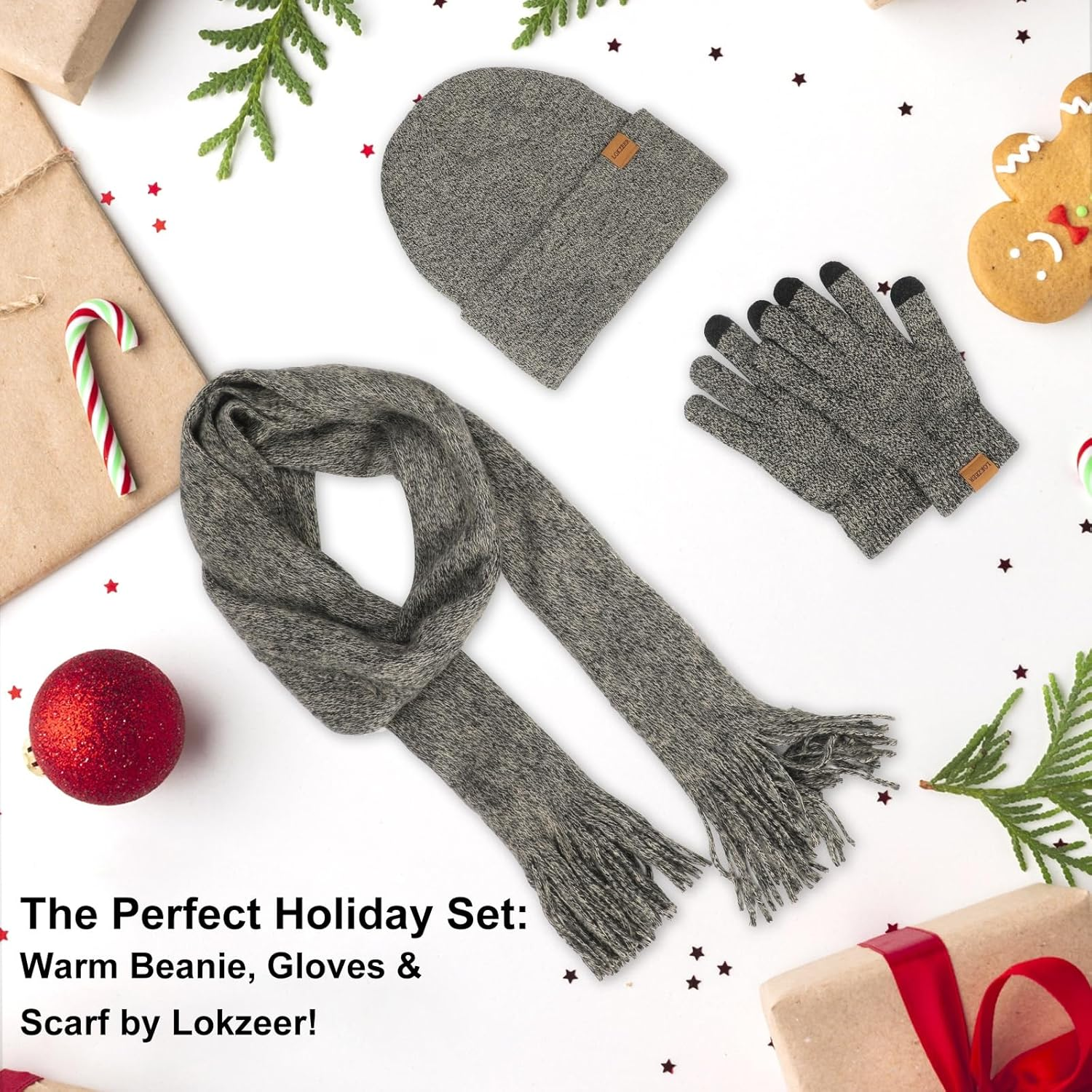 LOKZEER Winter Hat Gloves Scarf Set for Women: Knit Beanie with Fleece Lining, Touchscreen Thermal Gloves, Warm Soft Knitted Scarf 3Pcs Winter Accessories Gift Set - One Size image number 6