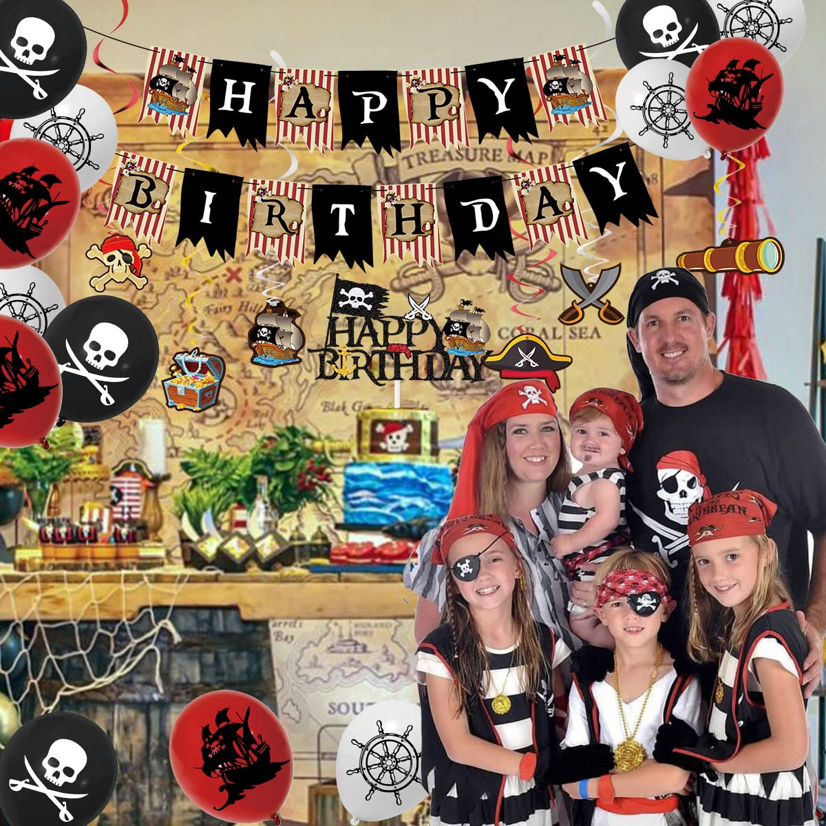 GOGOPARTY Pirate Party Decorations - Happy Birthday Pirate Theme Party Supplies, Balloons Banner Cake Toppers Hanging Swirls Birthday Sets for Adults Kids image number 4