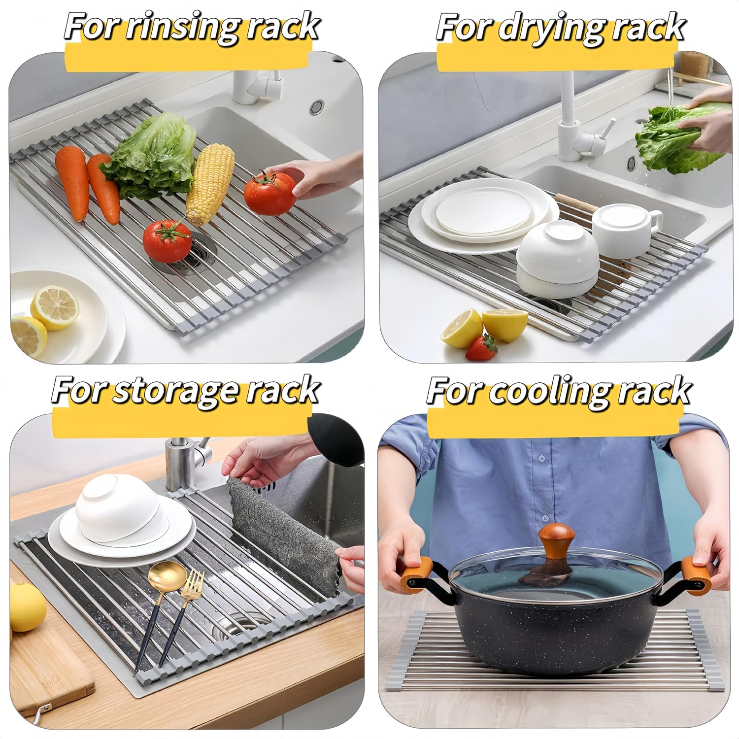 Extra Large Expandable Roll up Dish Drying Rack, Drying Rack Kitchen, over the Sink Dish Drainer Drying Rack, Kitchen Sink Accessories Stainless Steel, Grey (17.7 * 11.8") image number 3