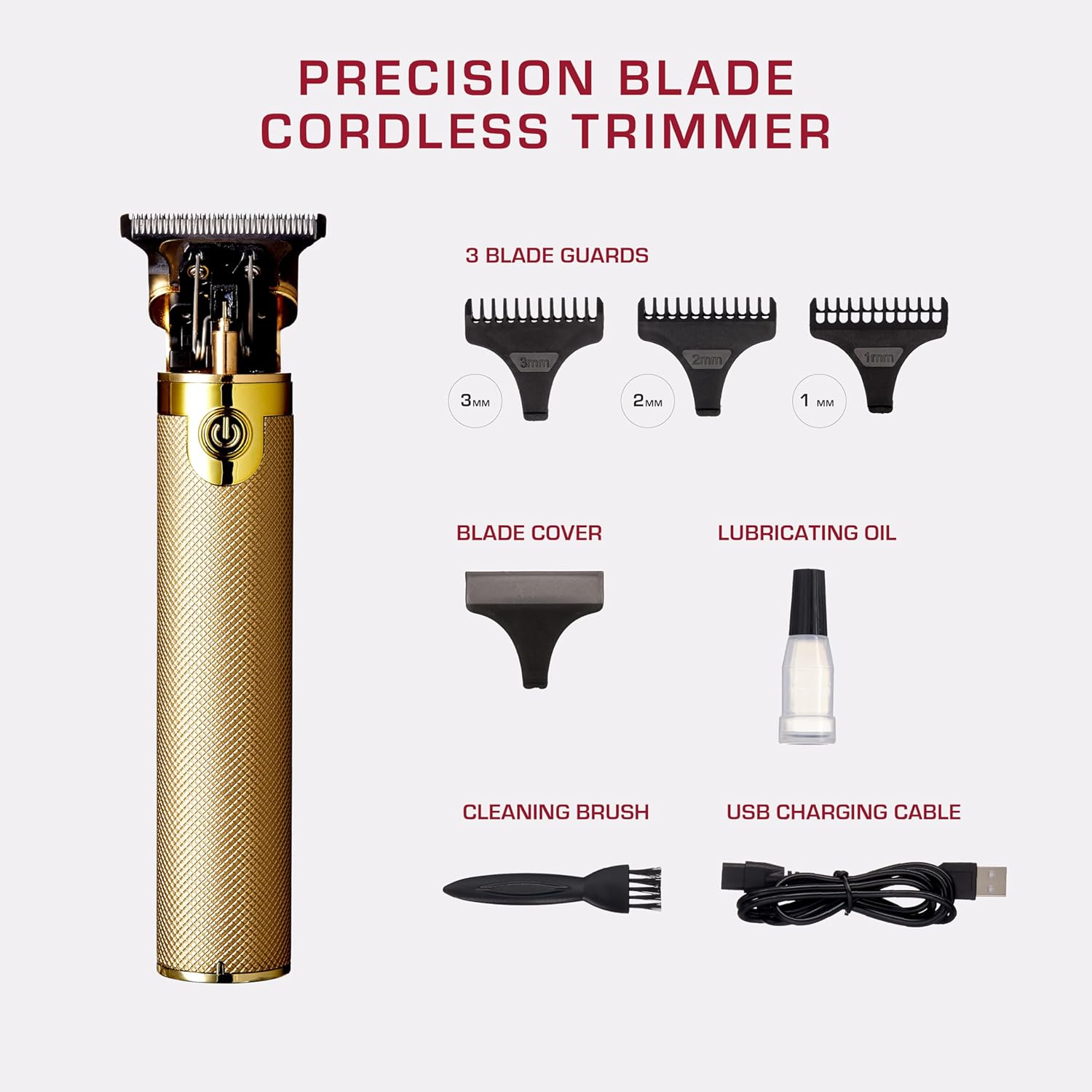 KISS Precision Blade Cordless Trimmer with Stainless Steel T-Blade, Powerful High-Torque, High-Speed Motor, 3 Blade Guard Attachments & Blade Cover, USB Cable & Long-Lasting Lithium Ion Battery
