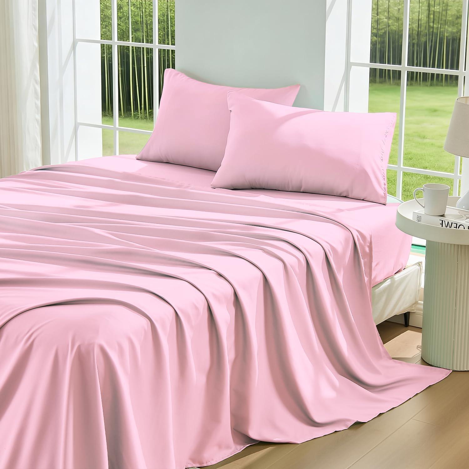 Lovana Bamboo Cooling Sheet Set King for Hot Sleeppers,4 Pack Bed Sheets Set,40Cm Deep Pocket,2000Tc Soft Bedding Natural Breathable & Sweat-Wicking,Silver