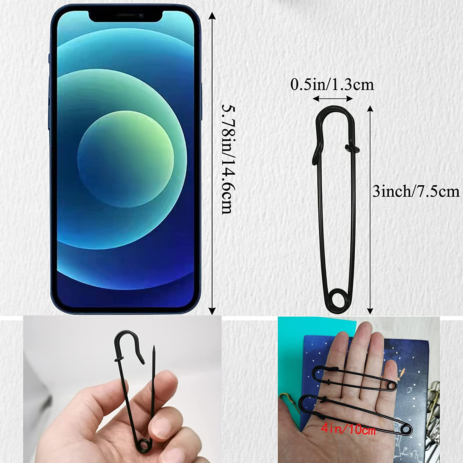 Urmspst Safety Pins (Upgrated), 75Mm Large Safety Pin Pack of 30 for Clothes Leather Canvas Blankets Crafts Skirts Kilts, Extra Large Safety Pin Heavy Duty Black Safety Pins (Black)