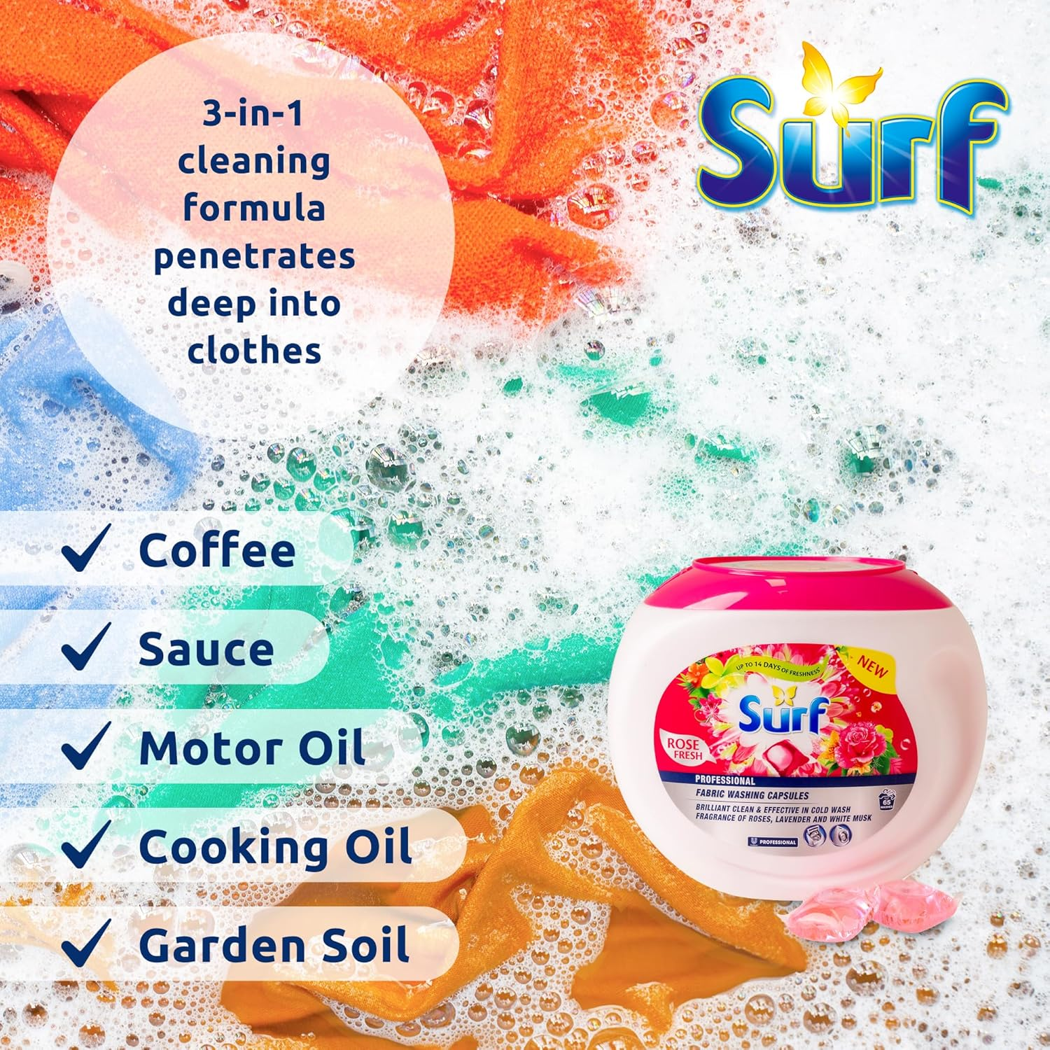Surf Laundry Pods Pre-Measured Detergent Capsules for Top and Front Load Machines - Rapid Dissolve Stain Removal Long Lasting Fresh Fragrance 65 Count Tub - Rose image number 4