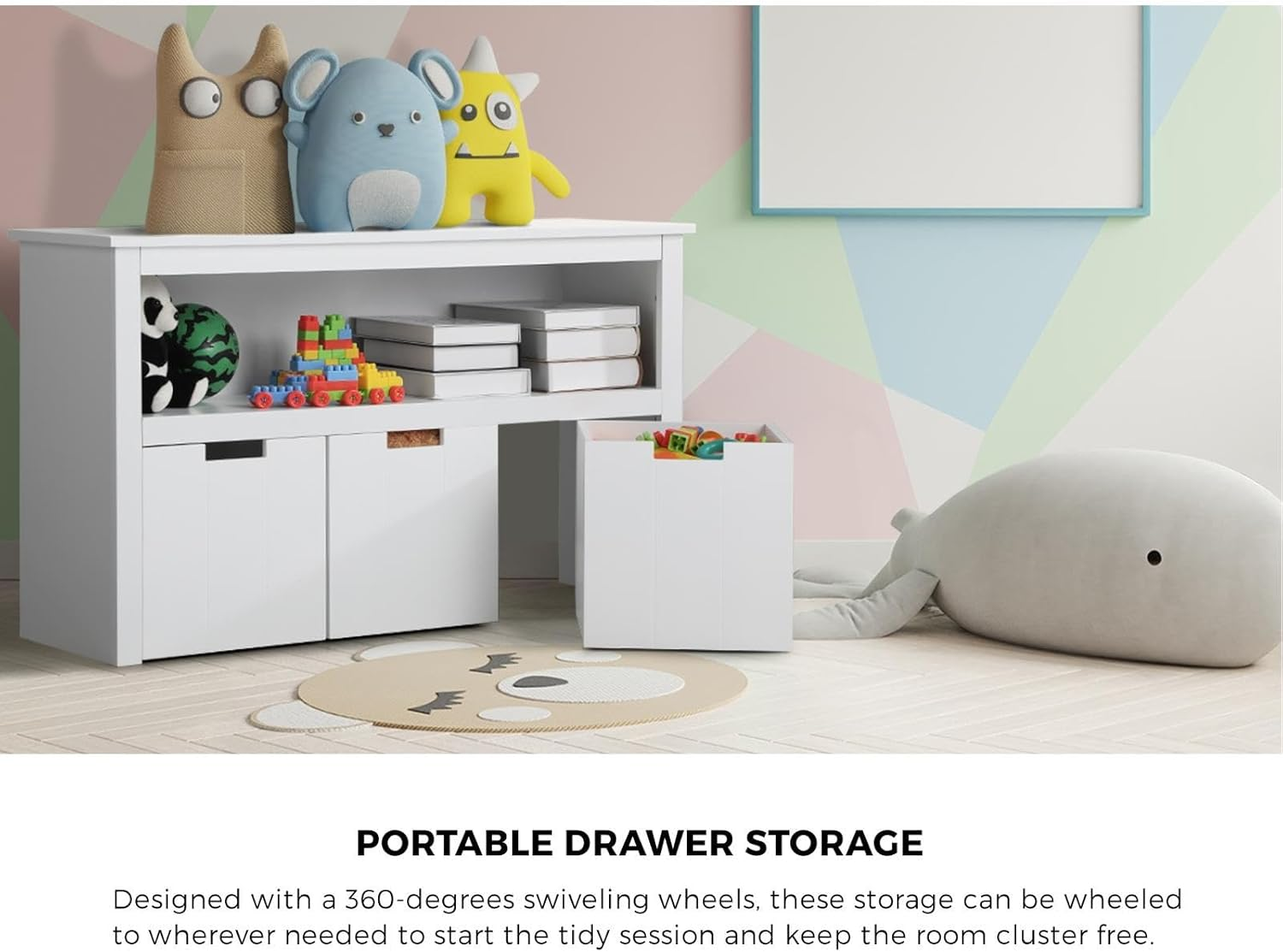 Oikiture Kid Toy Storage Box with Portable Storage Box Wooden Tallboy Cabinet