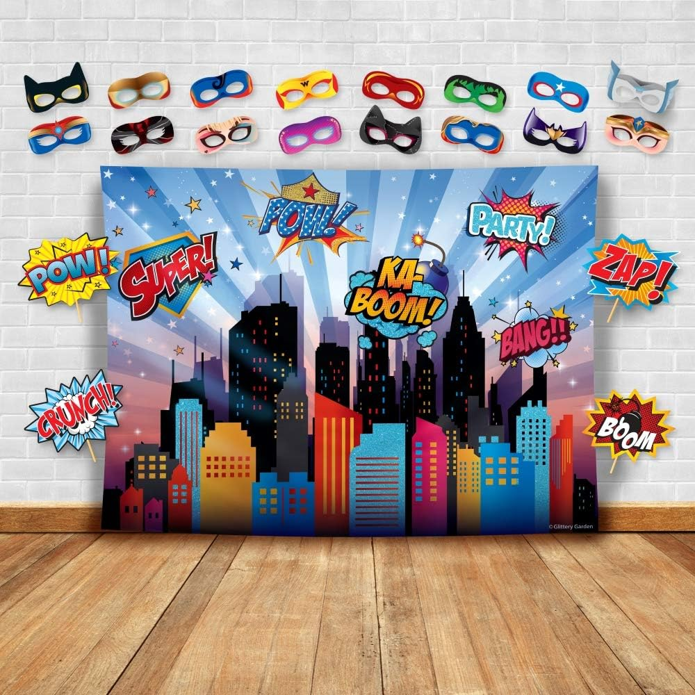 Superheroes Cityscape Photography Backdrop, Studio Props & Mask. Great as Super Hero City Photo Booth Background &ndash; Girl Birthday Party & Event Decorations image number 3