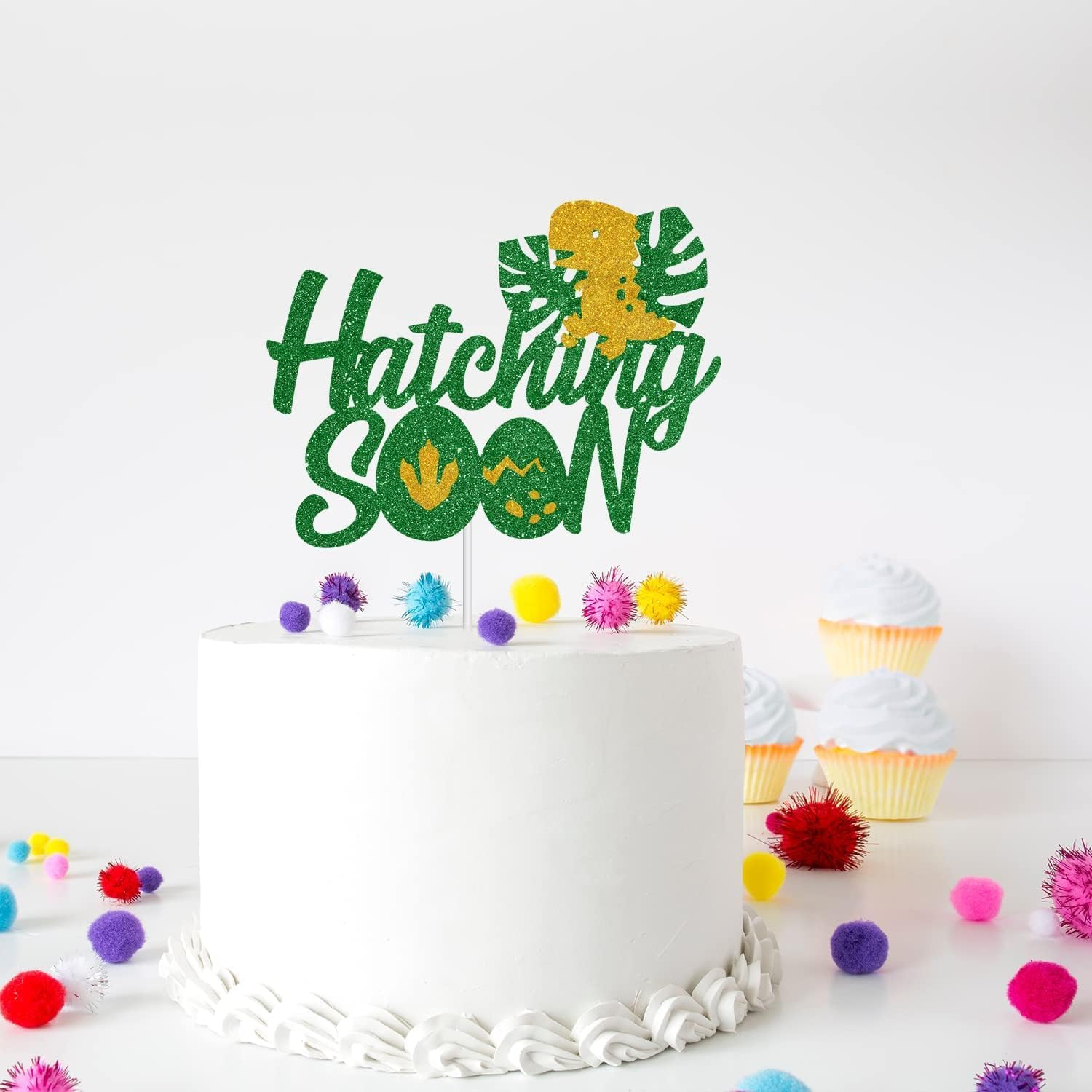 Confetti! Dinosaur Hatching Cake Topper - Baby Shower Glitter Dino Eggshell Decoration - Boy Girl Birthday Party Decoration