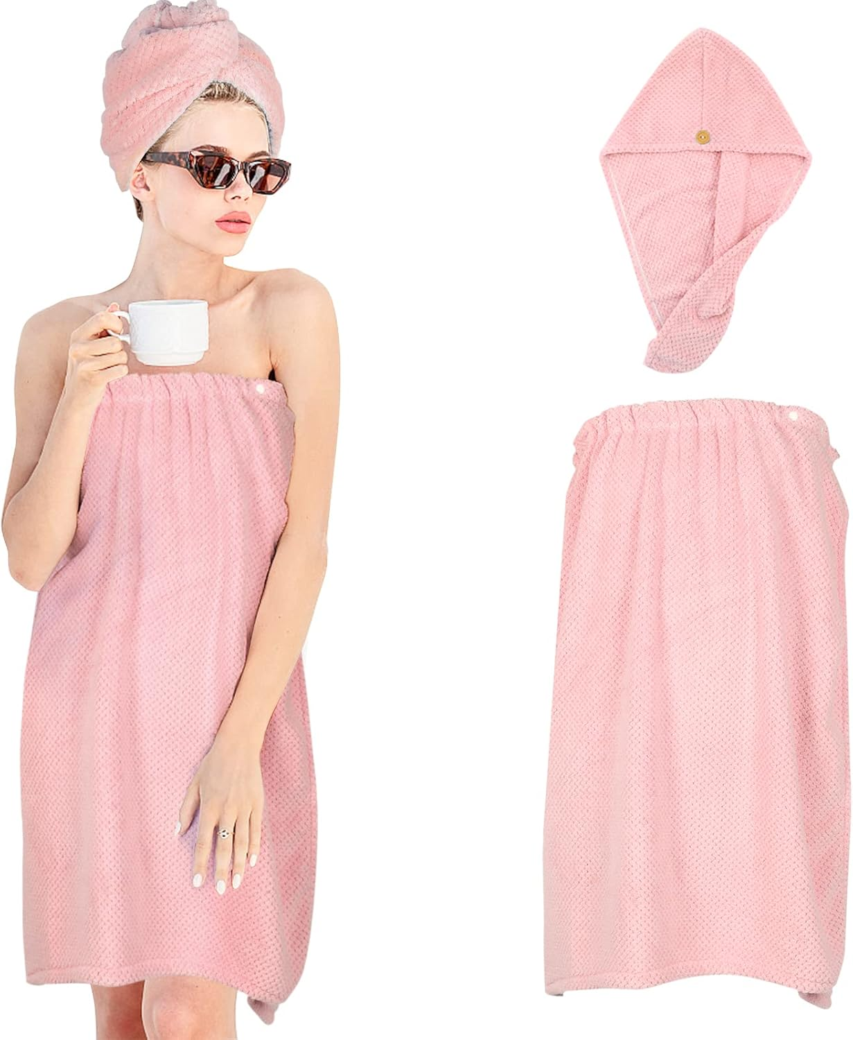 Women Microfiber Bath Wrap Towel and Hair Drying Towel - Adjustable Soft Body Wraps Dress with Hair Towel, Super Absorbent to Quick Drying Hair and Body (Pink)