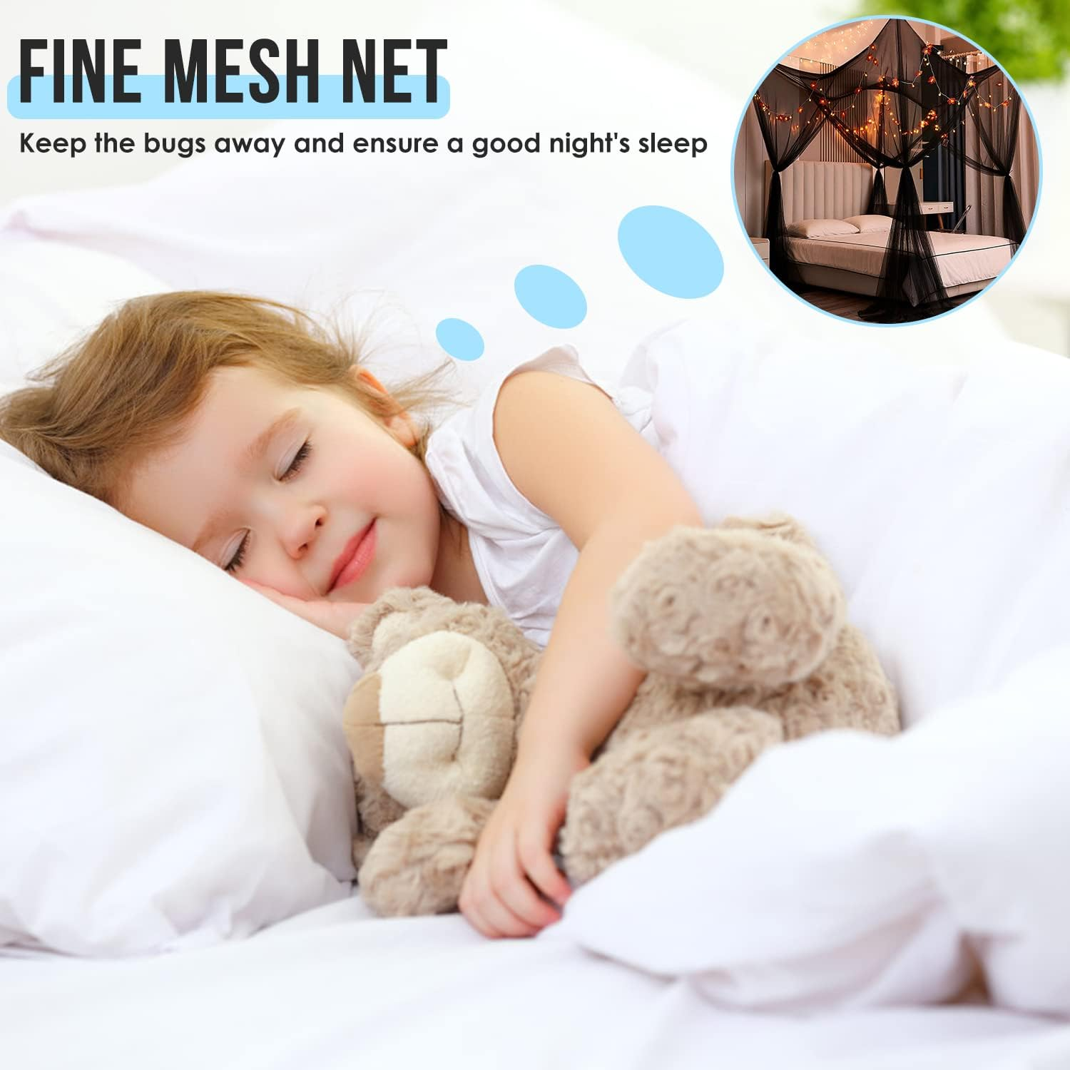 AUTOWT Mosquito Net for Double to King Size Bed Canopy - Mesh Square Mosquito Netting with 4 Openings & 4 Hanging Loops - Bed Curtains from Ceiling for Girls Room image number 5