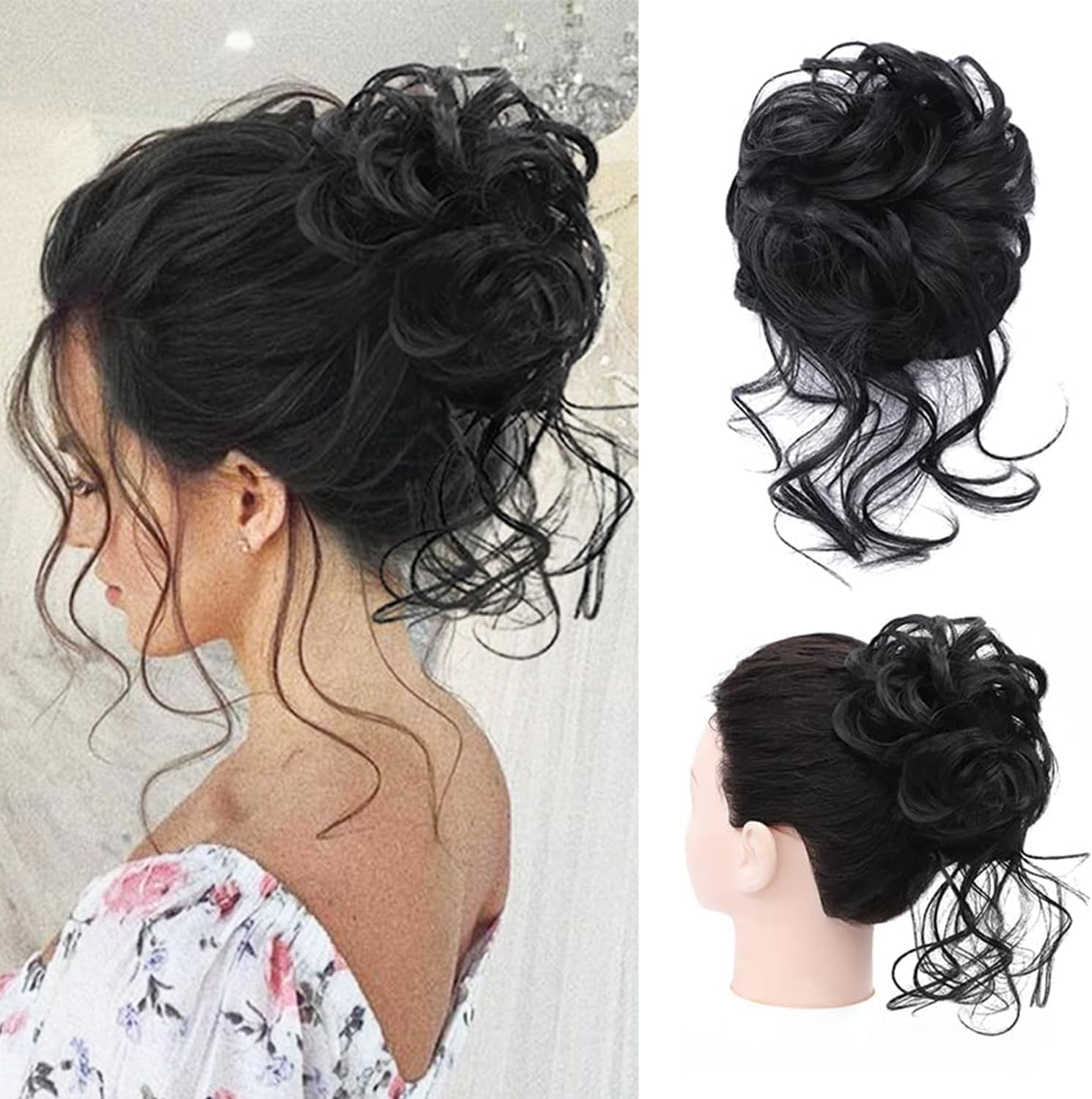 Messy Bun Hair Piece Claw Clip Synthetic Chignon Tousled Updo with Tendrils Hair Extensions Hair Bun Curly Wavy Faux Hair Bun Hair Scrunchies Hair Accessories for Women (Black Mix Medium Ash Brown)