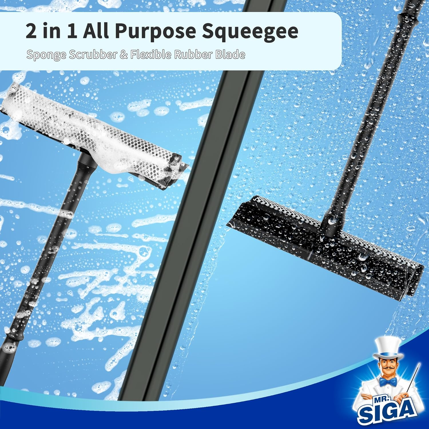 MR.SIGA Professional Squeegee for Car Windshield Cleaning, 2 in 1 Shower Door Squeegee with Handle & Window Washing Sponge, Black image number 5