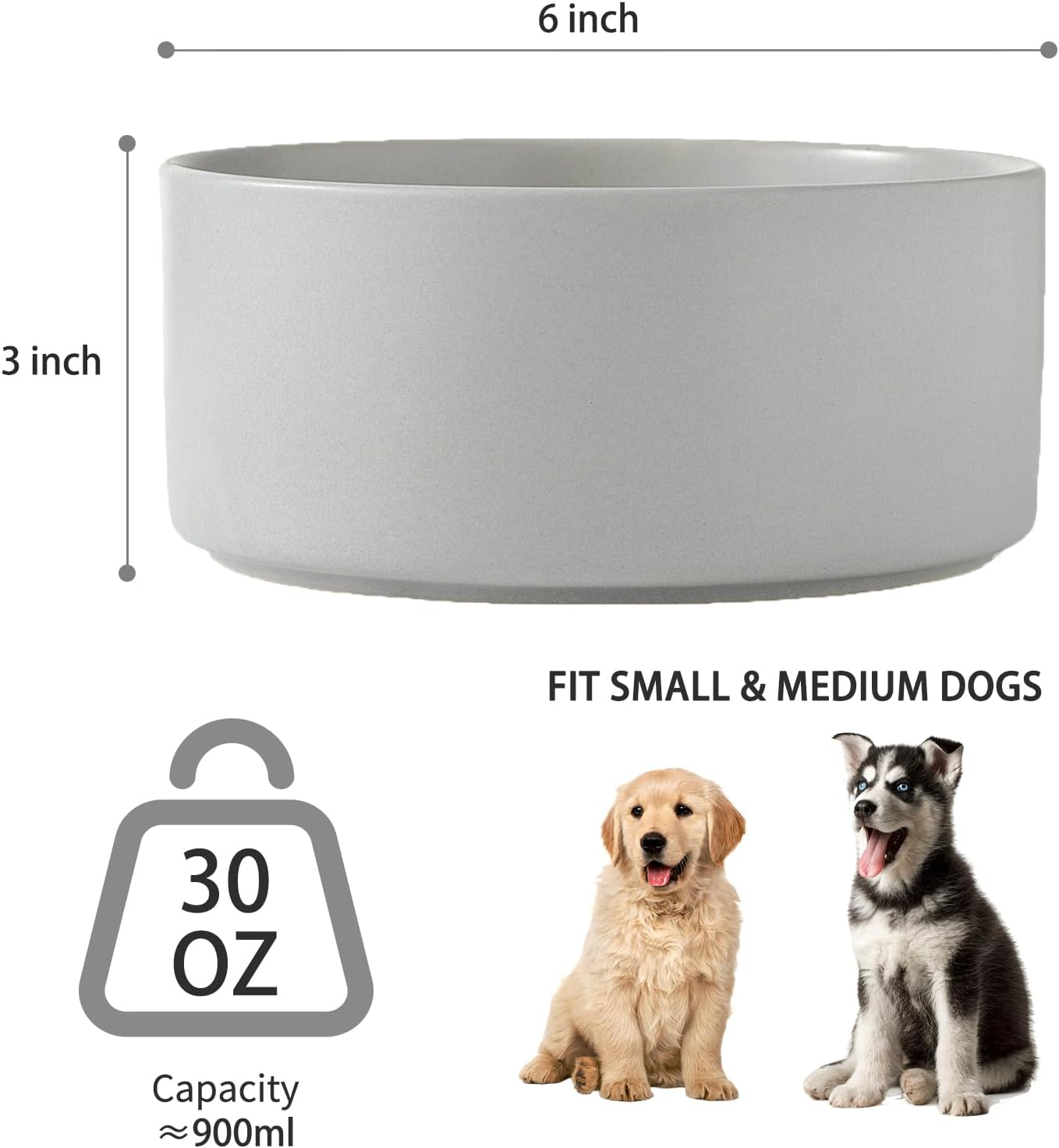 6'' Ceramic Dog Bowl - 30Oz Classic Dogs Food & Water Bowl for Small and Medium Breed Dogs, Heavy Duty Non-Slip Dog Dishes, Food Grade Stoneware Pet Bowl, Dishwasher & Microwave Safe, Grey image number 3