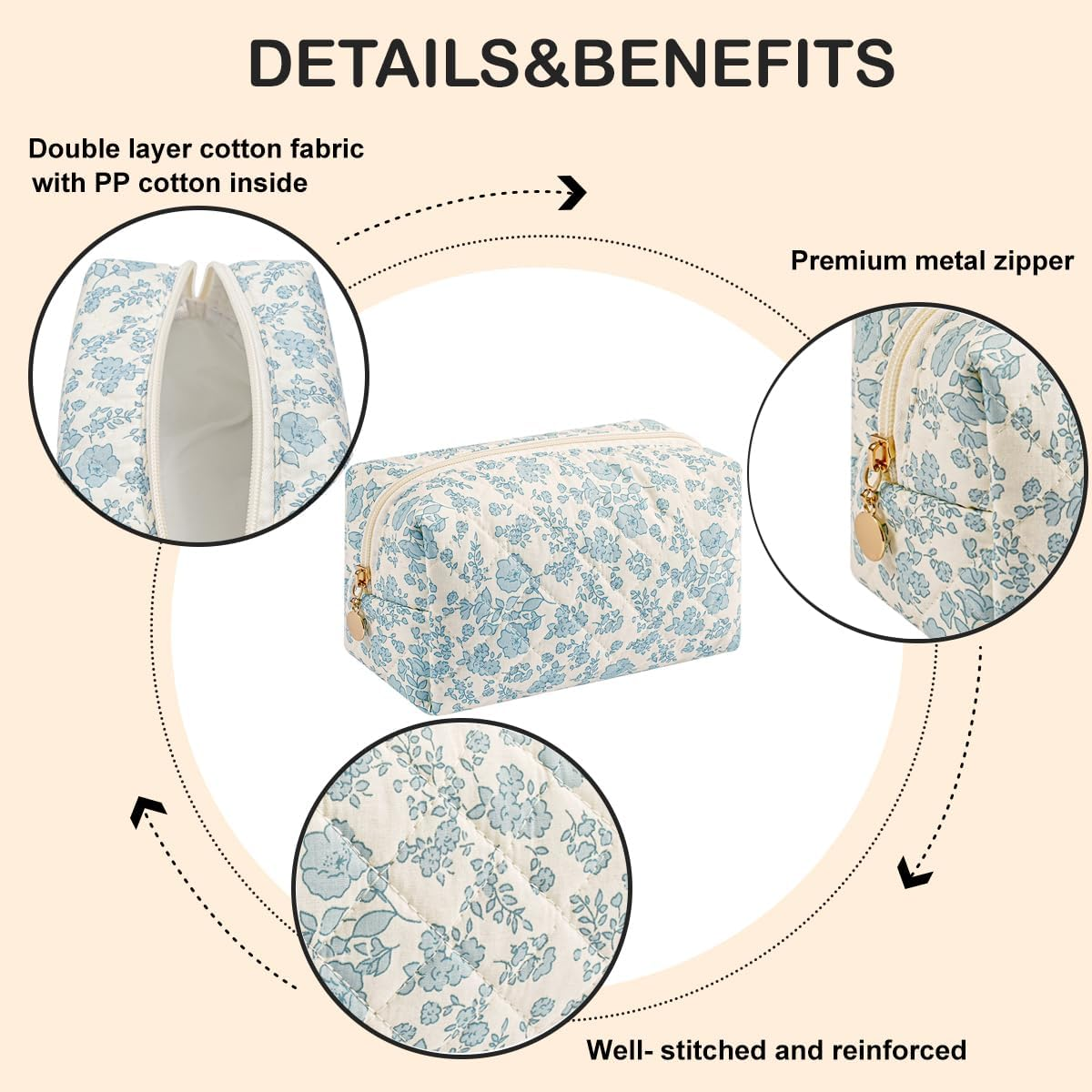 WHHJM Cute Floral Makeup Bag Small Cotton Quilted Cosmetic Bag, Aesthetic Essential Bag Emergency Bag Gift for Women Girls Travel Accessories (Blue Floral) - A2 Pink Floral image number 3