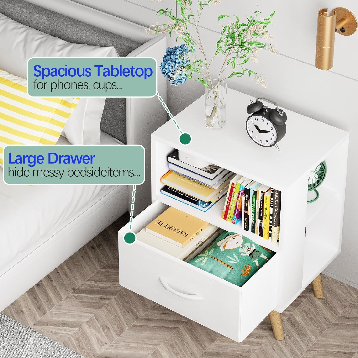 Aboxoo Night Stand, White Kids Nightstand with Drawer, Nursery Side Table with Open Storage, 2-Tier Modern End Table, Bedside Table for Small Space, Living Room, Bedroom image number 6