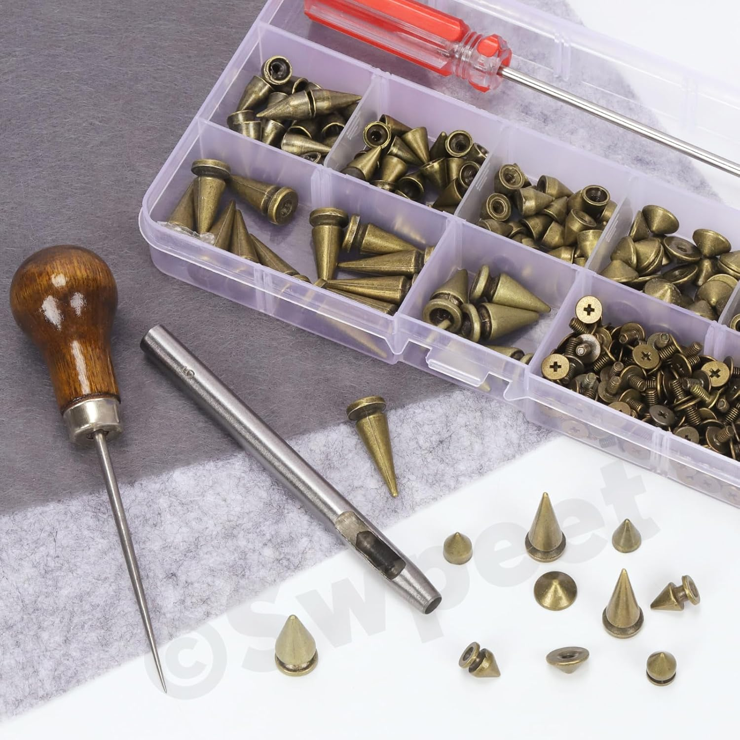 Swpeet 179 Sets 8 Sizes Bronze Cone Spikes with Scratch Awl Screwdriver Punch Assortment Kit, Punk Spikes and Studs Metal Tree Spikes Bullet Spikes Screwback Studs for Punk Clothing Craft DIY image number 2