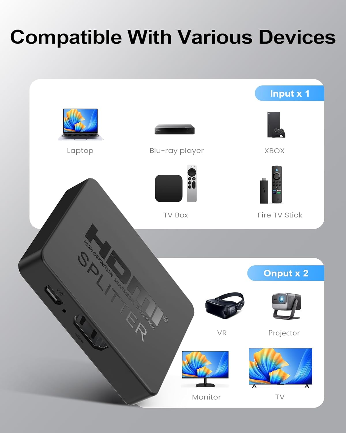 HDMI Splitter 1 in 2 Out, 4K HDMI Splitter Not for Extended Display (Mirror Only/Copy Mode), Sends Same Content to 2 Screens(Need Power 5V 1A), Works with Laptop, TV, Monitor (Black) image number 6